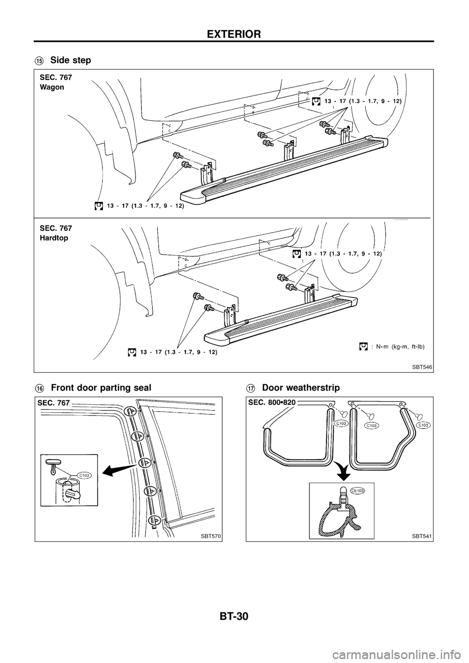 NISSAN PATROL 1998 Y61 / 5.G Body Owners Guide V15Side step
V16Front door parting sealV17Door weatherstrip
SBT546
SBT570SBT541
EXTERIOR
BT-30 