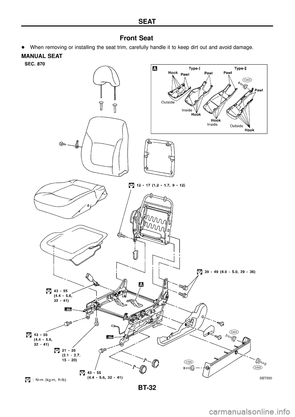 NISSAN PATROL 1998 Y61 / 5.G Body Owners Guide Front Seat
+When removing or installing the seat trim, carefully handle it to keep dirt out and avoid damage.
MANUAL SEAT
SBT550
SEAT
BT-32 