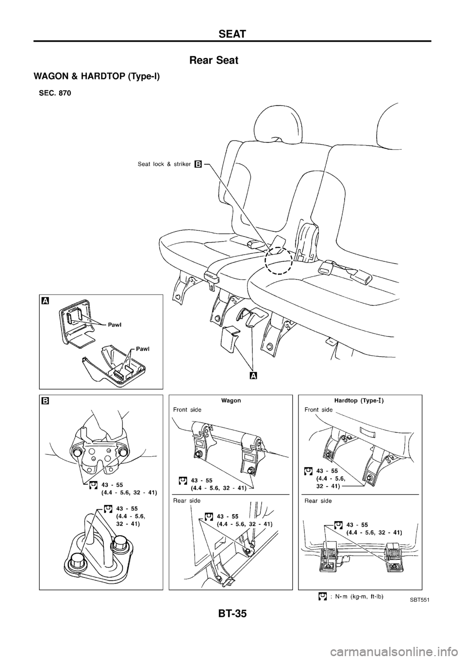 NISSAN PATROL 1998 Y61 / 5.G Body Owners Guide Rear Seat
WAGON & HARDTOP (Type-I)
SBT551
SEAT
BT-35 