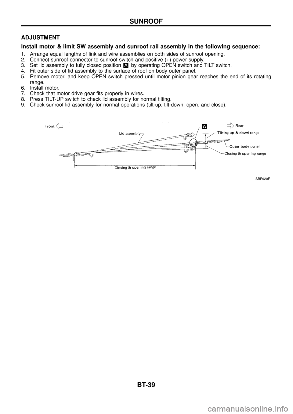 NISSAN PATROL 1998 Y61 / 5.G Body Owners Guide ADJUSTMENT
Install motor & limit SW assembly and sunroof rail assembly in the following sequence:
1. Arrange equal lengths of link and wire assemblies on both sides of sunroof opening.
2. Connect sunr