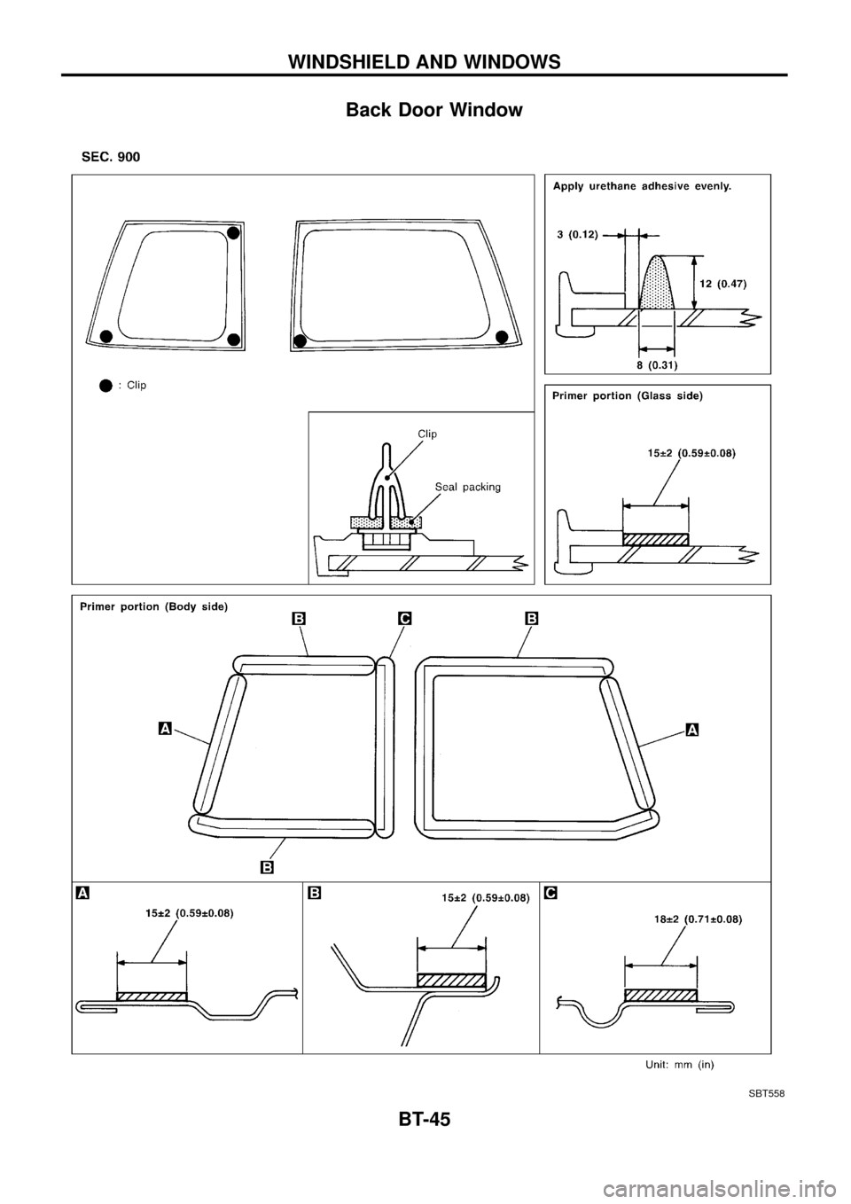 NISSAN PATROL 1998 Y61 / 5.G Body Service Manual Back Door Window
SBT558
WINDSHIELD AND WINDOWS
BT-45 