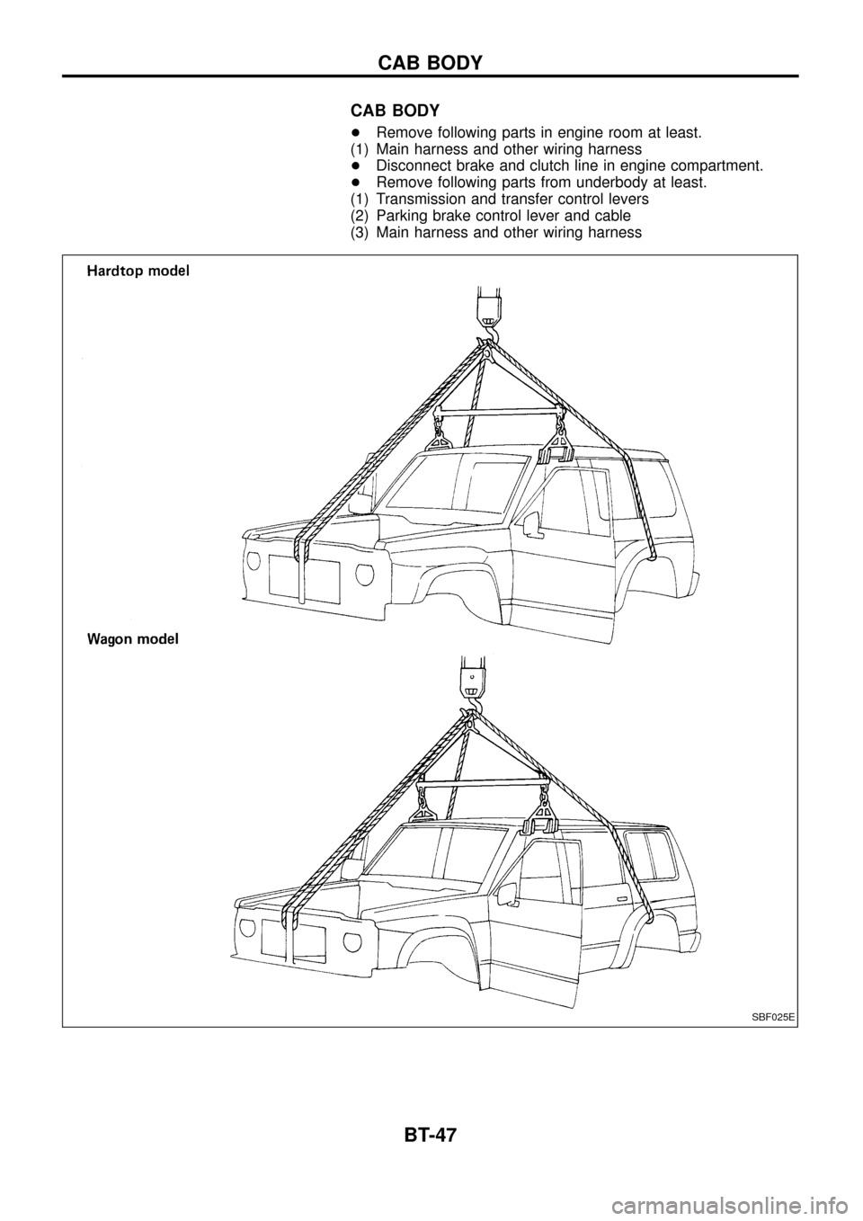 NISSAN PATROL 1998 Y61 / 5.G Body Service Manual CAB BODY
+Remove following parts in engine room at least.
(1) Main harness and other wiring harness
+Disconnect brake and clutch line in engine compartment.
+Remove following parts from underbody at l