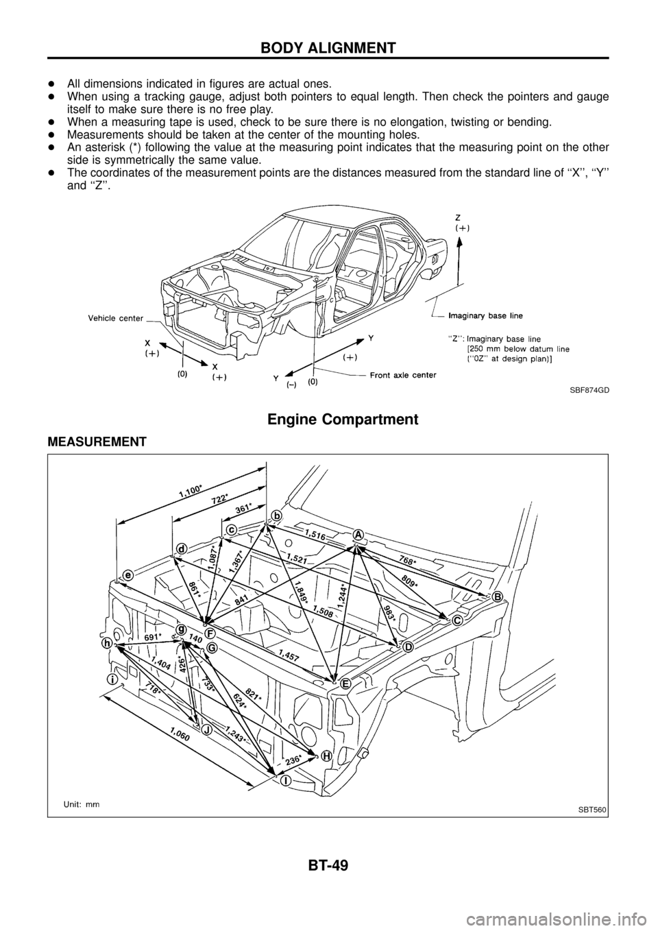 NISSAN PATROL 1998 Y61 / 5.G Body Workshop Manual +All dimensions indicated in ®gures are actual ones.
+When using a tracking gauge, adjust both pointers to equal length. Then check the pointers and gauge
itself to make sure there is no free play.
+