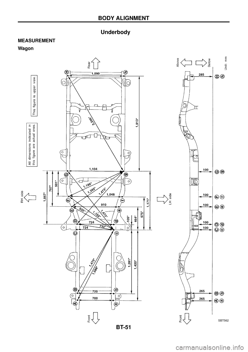 NISSAN PATROL 1998 Y61 / 5.G Body Repair Manual Underbody
MEASUREMENT
Wagon
SBT562
BODY ALIGNMENT
BT-51 