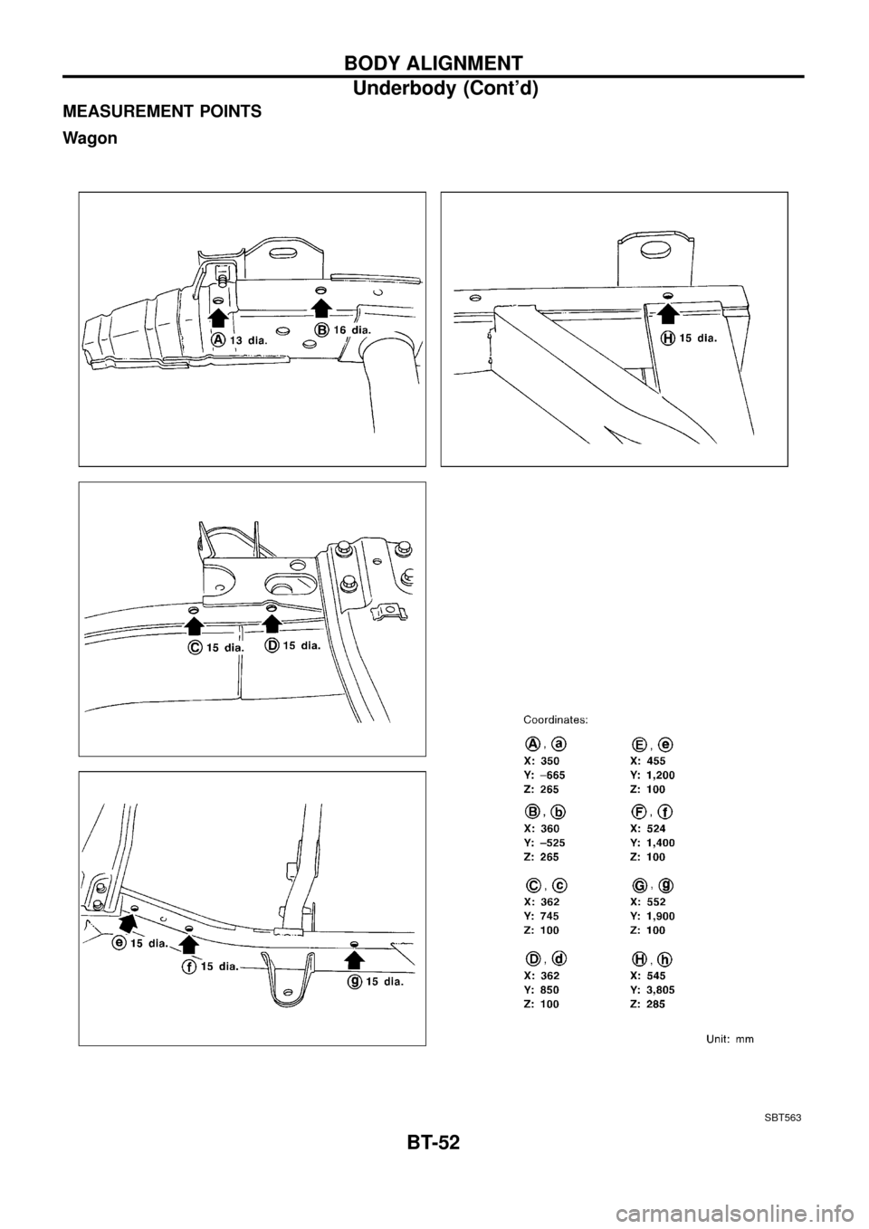 NISSAN PATROL 1998 Y61 / 5.G Body Repair Manual MEASUREMENT POINTS
Wagon
SBT563
BODY ALIGNMENT
Underbody (Contd)
BT-52 NISSAN PATROL 1998 Y61 / 5.G Body Repair Manual MEASUREMENT POINTS
Wagon
SBT563
BODY ALIGNMENT
Underbody (Contd)
BT-52