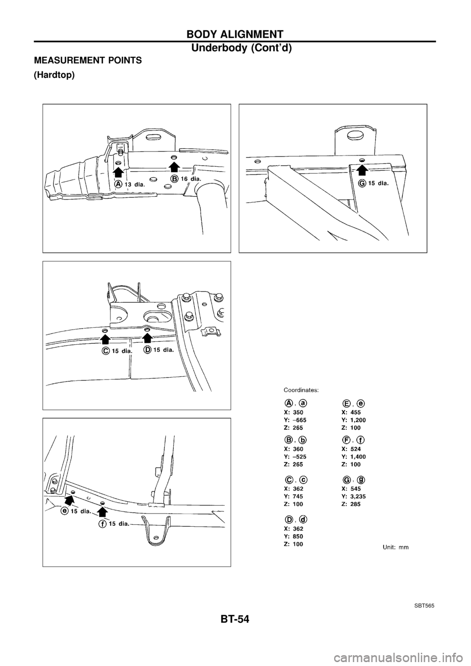 NISSAN PATROL 1998 Y61 / 5.G Body Repair Manual MEASUREMENT POINTS
(Hardtop)
SBT565
BODY ALIGNMENT
Underbody (Contd)
BT-54 