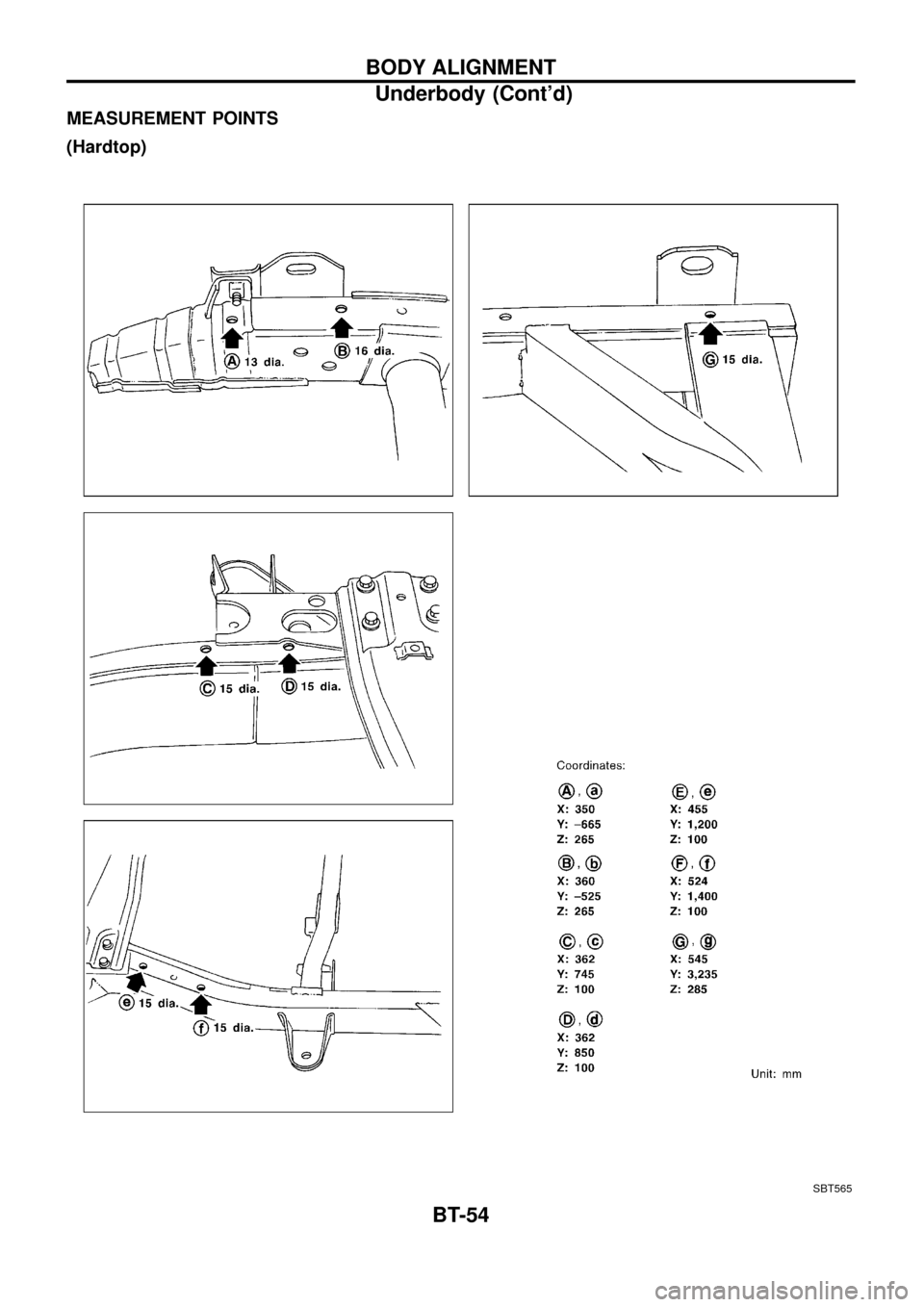 NISSAN PATROL 1998 Y61 / 5.G Body Repair Manual MEASUREMENT POINTS
(Hardtop)
SBT565
BODY ALIGNMENT
Underbody (Contd)
BT-54 NISSAN PATROL 1998 Y61 / 5.G Body Repair Manual MEASUREMENT POINTS
(Hardtop)
SBT565
BODY ALIGNMENT
Underbody (Contd)
BT-54