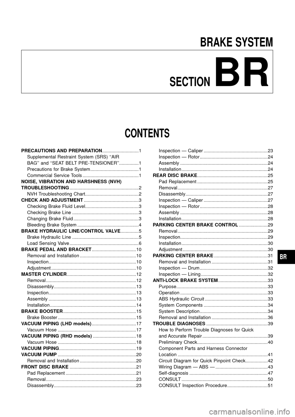 NISSAN PATROL 1998 Y61 / 5.G Brake System Workshop Manual BRAKE SYSTEM
SECTION
BR
CONTENTS
PRECAUTIONS AND PREPARATION ............................1
Supplemental Restraint System (SRS) ``AIR
BAG and ``SEAT BELT PRE-TENSIONER...............1
Precautions f