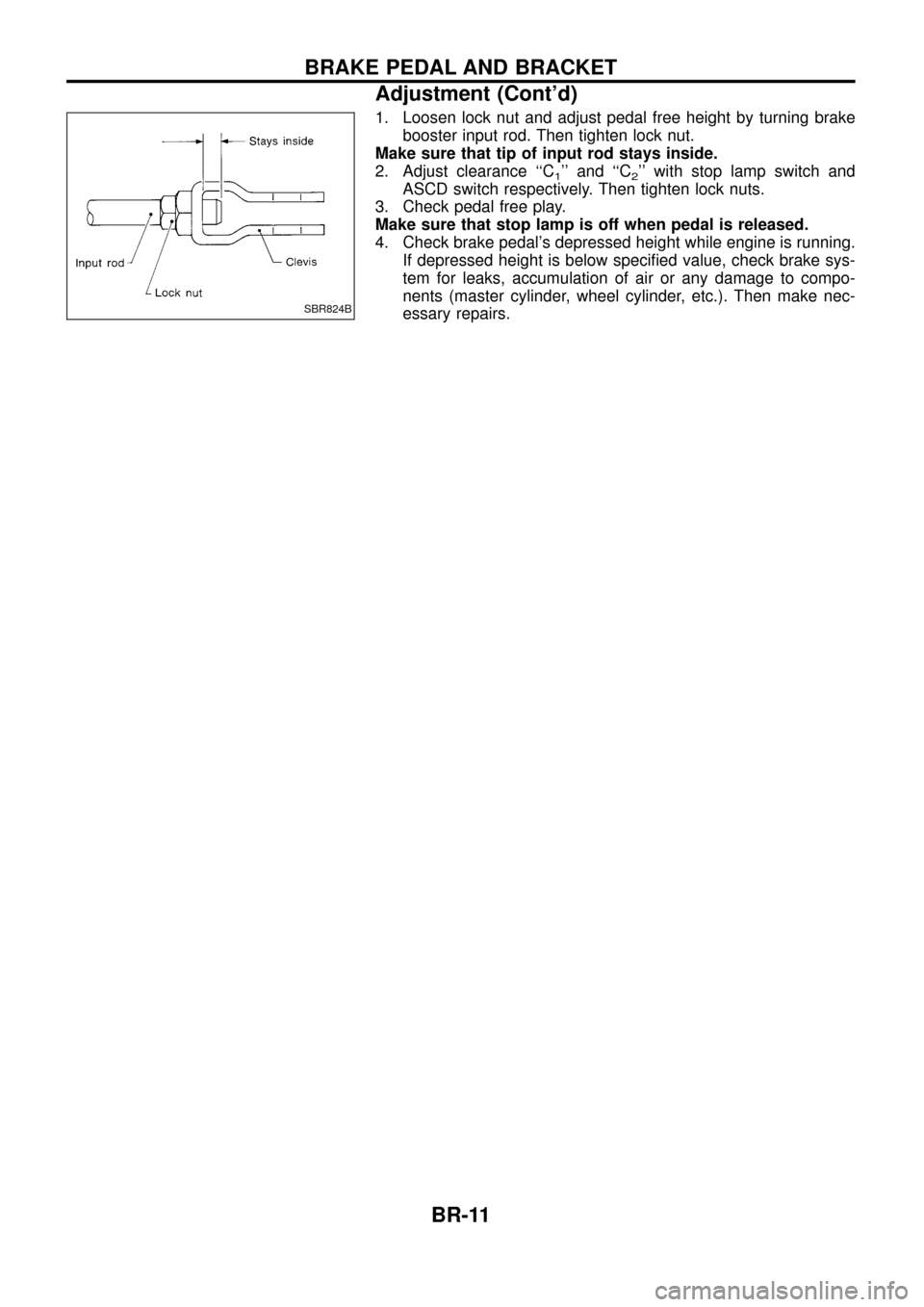 NISSAN PATROL 1998 Y61 / 5.G Brake System User Guide 1. Loosen lock nut and adjust pedal free height by turning brakebooster input rod. Then tighten lock nut.
Make sure that tip of input rod stays inside.
2. Adjust clearance ``C
1 and ``C2 with stop