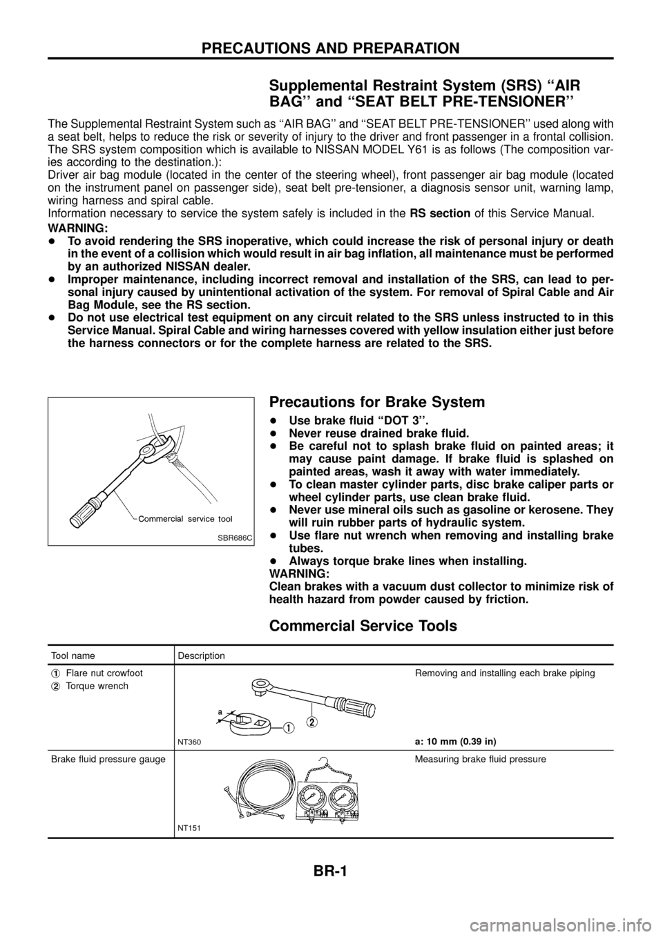 NISSAN PATROL 1998 Y61 / 5.G Brake System Workshop Manual Supplemental Restraint System (SRS) ``AIR
BAG and ``SEAT BELT PRE-TENSIONER
The Supplemental Restraint System such as ``AIR BAG and ``SEAT BELT PRE-TENSIONER used along with
a seat belt, helps NISSAN PATROL 1998 Y61 / 5.G Brake System Workshop Manual Supplemental Restraint System (SRS) ``AIR
BAG and ``SEAT BELT PRE-TENSIONER
The Supplemental Restraint System such as ``AIR BAG and ``SEAT BELT PRE-TENSIONER used along with
a seat belt, helps