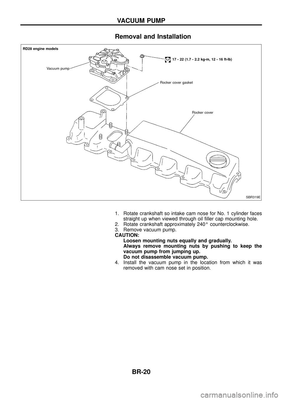 NISSAN PATROL 1998 Y61 / 5.G Brake System Workshop Manual Removal and Installation
1. Rotate crankshaft so intake cam nose for No. 1 cylinder facesstraight up when viewed through oil ®ller cap mounting hole.
2. Rotate crankshaft approximately 240É counterc
