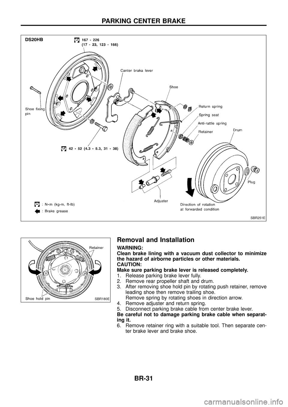 NISSAN PATROL 1998 Y61 / 5.G Brake System Workshop Manual Removal and Installation
WARNING:
Clean brake lining with a vacuum dust collector to minimize
the hazard of airborne particles or other materials.
CAUTION:
Make sure parking brake lever is released co