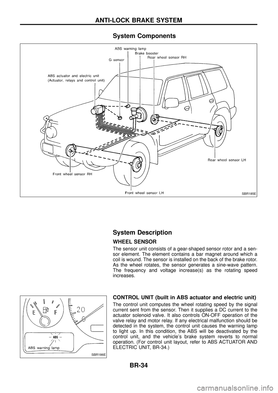 NISSAN PATROL 1998 Y61 / 5.G Brake System Owners Guide System Components
System Description
WHEEL SENSOR
The sensor unit consists of a gear-shaped sensor rotor and a sen-
sor element. The element contains a bar magnet around which a
coil is wound. The sen