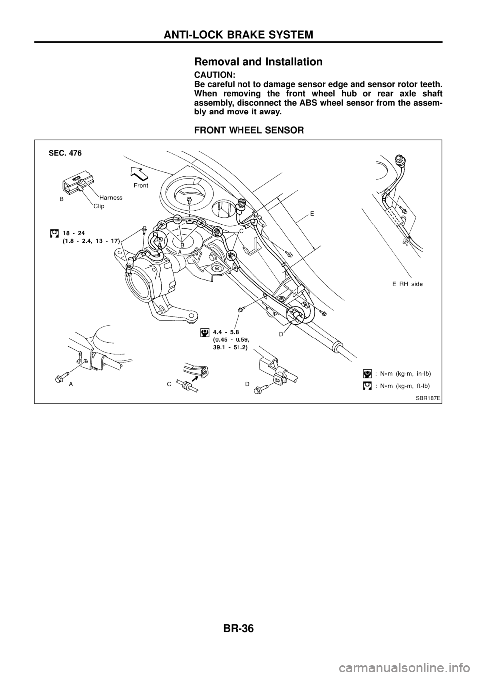NISSAN PATROL 1998 Y61 / 5.G Brake System Workshop Manual Removal and Installation
CAUTION:
Be careful not to damage sensor edge and sensor rotor teeth.
When removing the front wheel hub or rear axle shaft
assembly, disconnect the ABS wheel sensor from the a