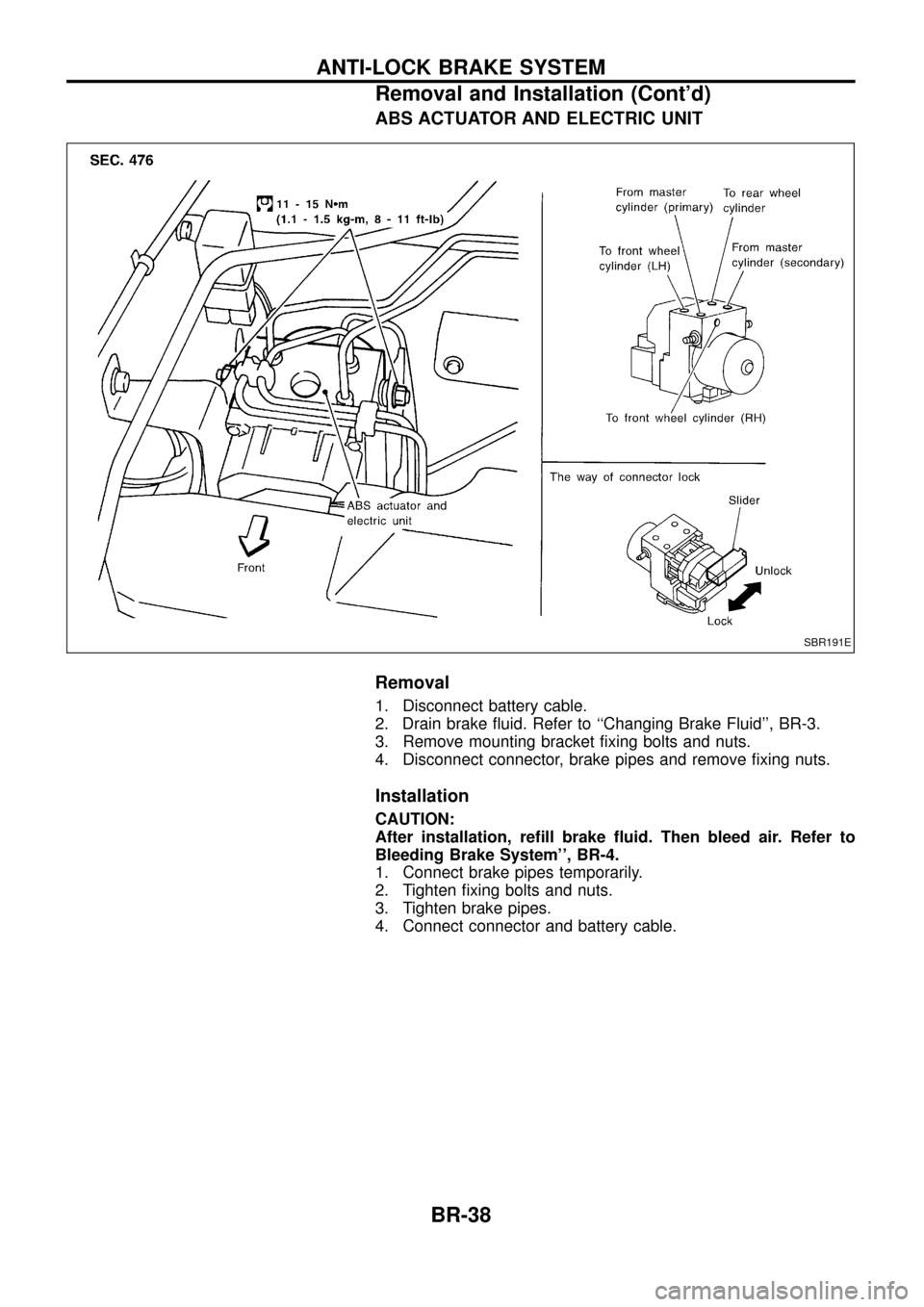 NISSAN PATROL 1998 Y61 / 5.G Brake System Owners Guide ABS ACTUATOR AND ELECTRIC UNIT
Removal
1. Disconnect battery cable.
2. Drain brake ¯uid. Refer to ``Changing Brake Fluid, BR-3.
3. Remove mounting bracket ®xing bolts and nuts.
4. Disconnect conne NISSAN PATROL 1998 Y61 / 5.G Brake System Owners Guide ABS ACTUATOR AND ELECTRIC UNIT
Removal
1. Disconnect battery cable.
2. Drain brake ¯uid. Refer to ``Changing Brake Fluid, BR-3.
3. Remove mounting bracket ®xing bolts and nuts.
4. Disconnect conne
