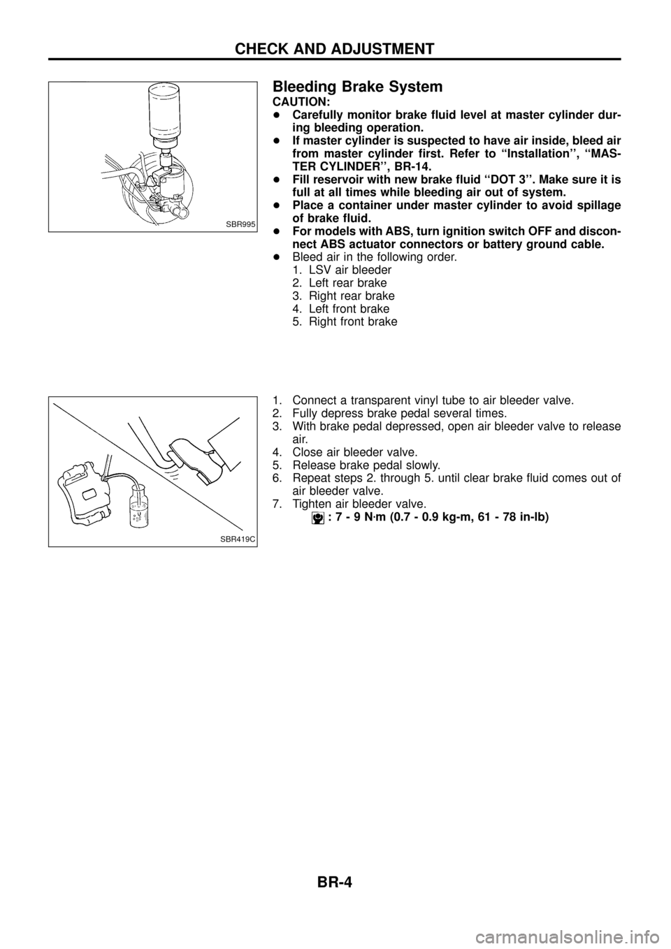 NISSAN PATROL 1998 Y61 / 5.G Brake System Workshop Manual Bleeding Brake System
CAUTION:
+Carefully monitor brake ¯uid level at master cylinder dur-
ing bleeding operation.
+ If master cylinder is suspected to have air inside, bleed air
from master cylinder