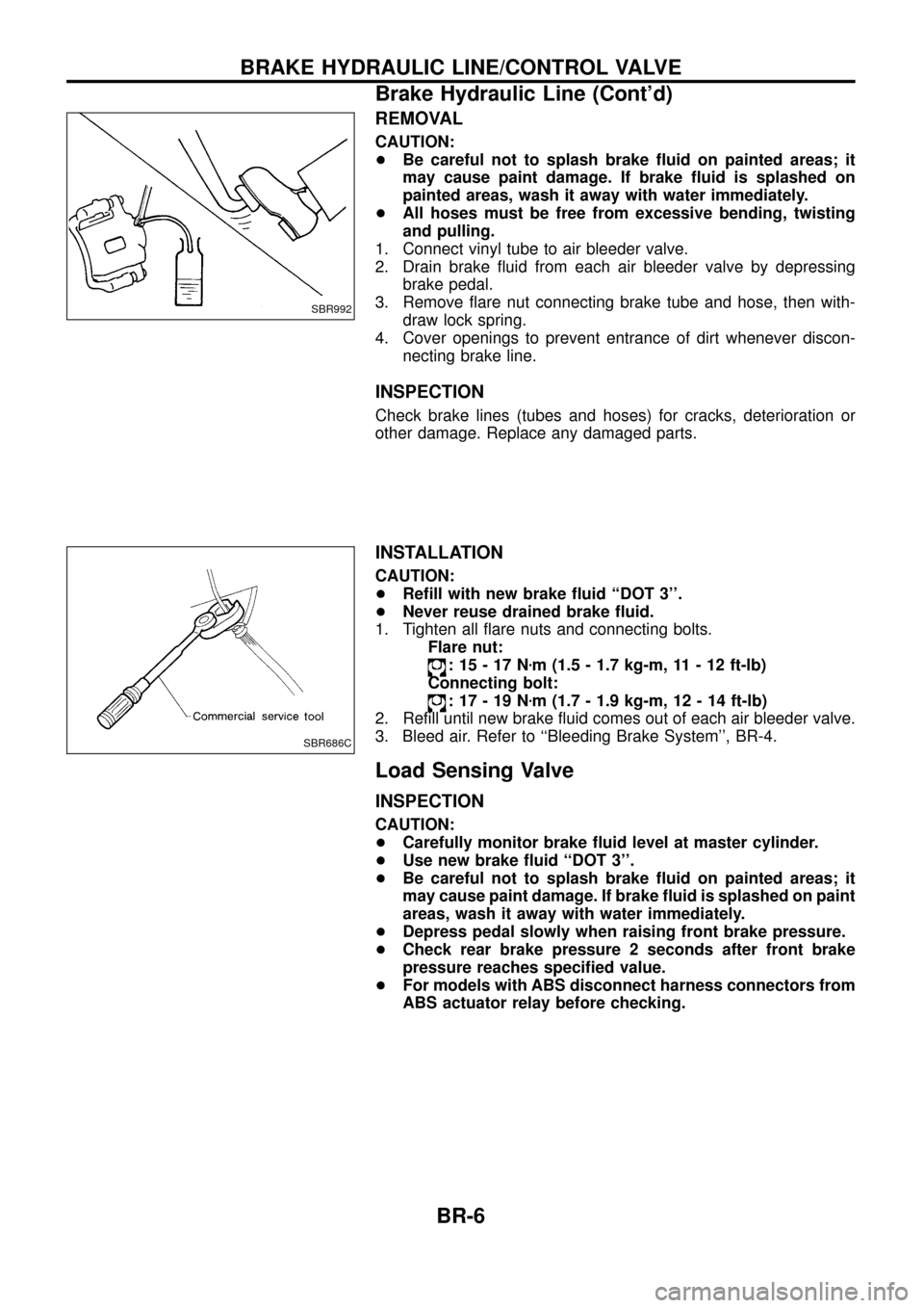 NISSAN PATROL 1998 Y61 / 5.G Brake System Workshop Manual REMOVAL
CAUTION:
+Be careful not to splash brake ¯uid on painted areas; it
may cause paint damage. If brake ¯uid is splashed on
painted areas, wash it away with water immediately.
+ All hoses must b