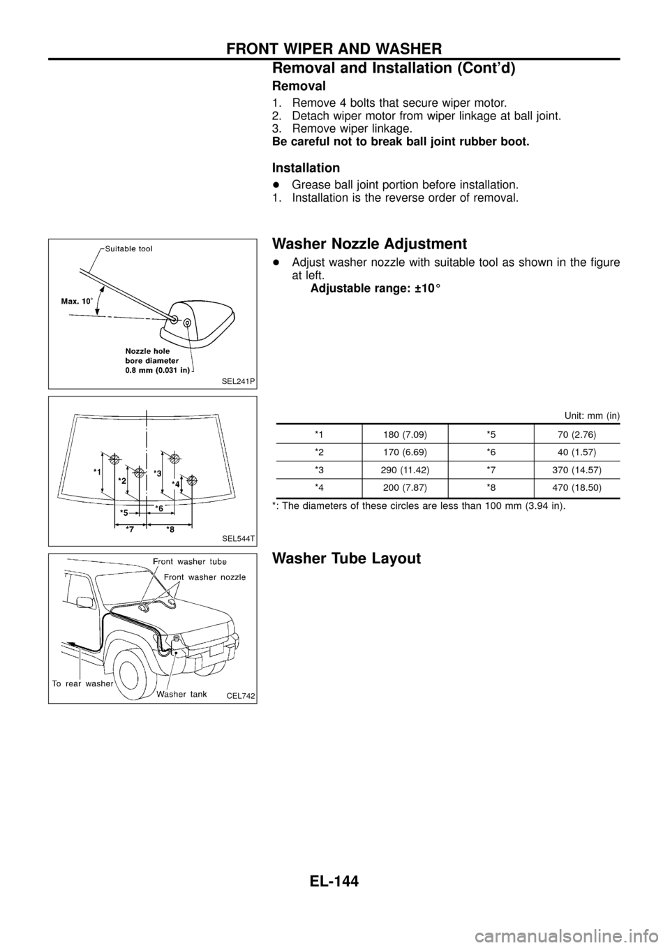 NISSAN PATROL 1998 Y61 / 5.G Electrical System Workshop Manual Removal
1. Remove 4 bolts that secure wiper motor.
2. Detach wiper motor from wiper linkage at ball joint.
3. Remove wiper linkage.
Be careful not to break ball joint rubber boot.
Installation
+Grease