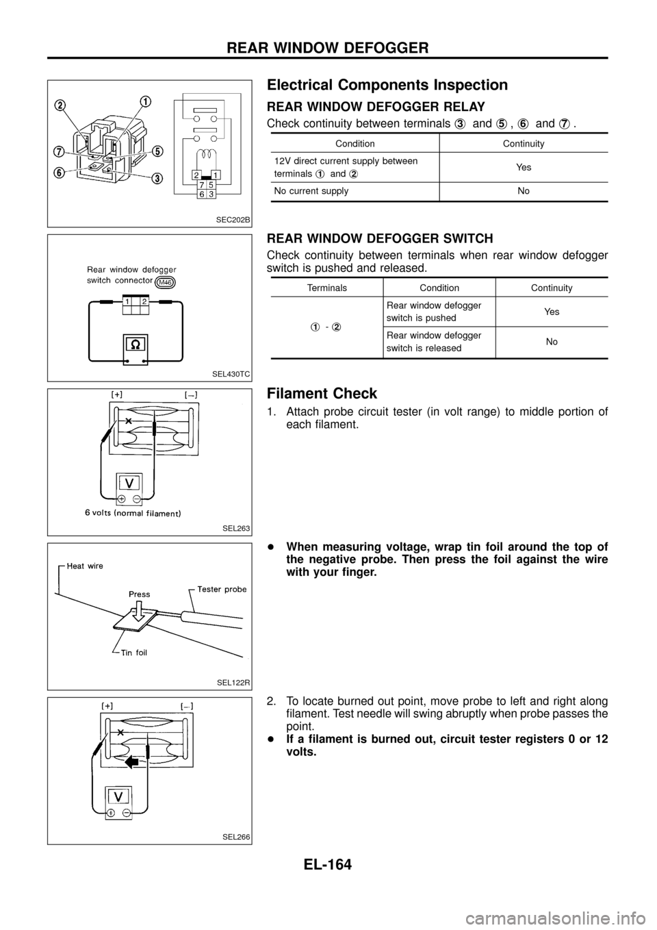 NISSAN PATROL 1998 Y61 / 5.G Electrical System Workshop Manual Electrical Components Inspection
REAR WINDOW DEFOGGER RELAY
Check continuity between terminalsj3andj5,j6andj7.
Condition Continuity
12V direct current supply between
terminalsj
1andj2Ye s
No current s NISSAN PATROL 1998 Y61 / 5.G Electrical System Workshop Manual Electrical Components Inspection
REAR WINDOW DEFOGGER RELAY
Check continuity between terminalsj3andj5,j6andj7.
Condition Continuity
12V direct current supply between
terminalsj
1andj2Ye s
No current s