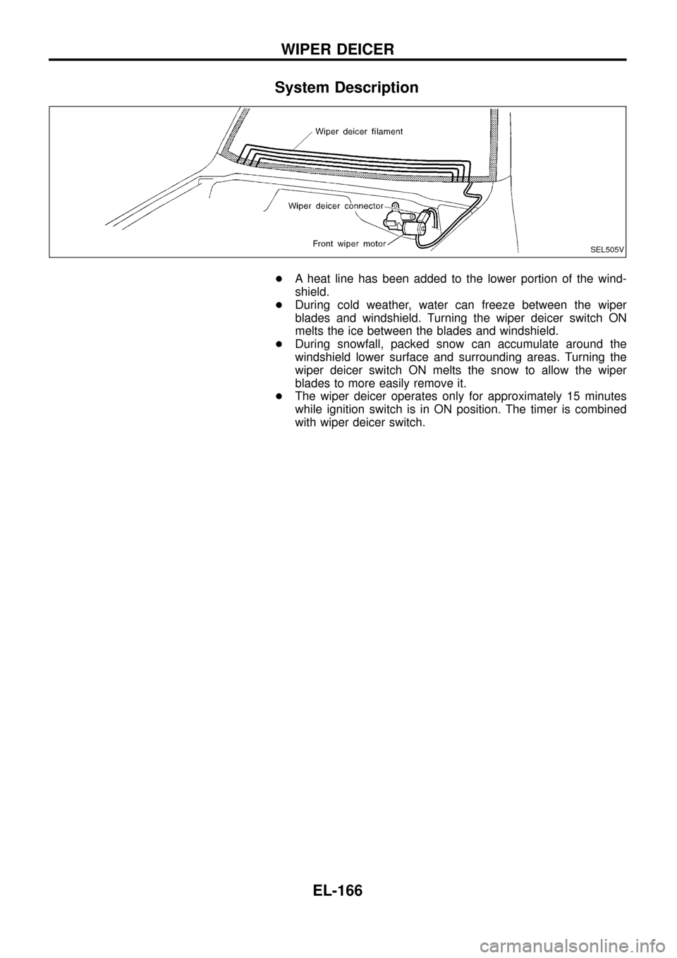 NISSAN PATROL 1998 Y61 / 5.G Electrical System Workshop Manual System Description
+A heat line has been added to the lower portion of the wind-
shield.
+During cold weather, water can freeze between the wiper
blades and windshield. Turning the wiper deicer switch NISSAN PATROL 1998 Y61 / 5.G Electrical System Workshop Manual System Description
+A heat line has been added to the lower portion of the wind-
shield.
+During cold weather, water can freeze between the wiper
blades and windshield. Turning the wiper deicer switch