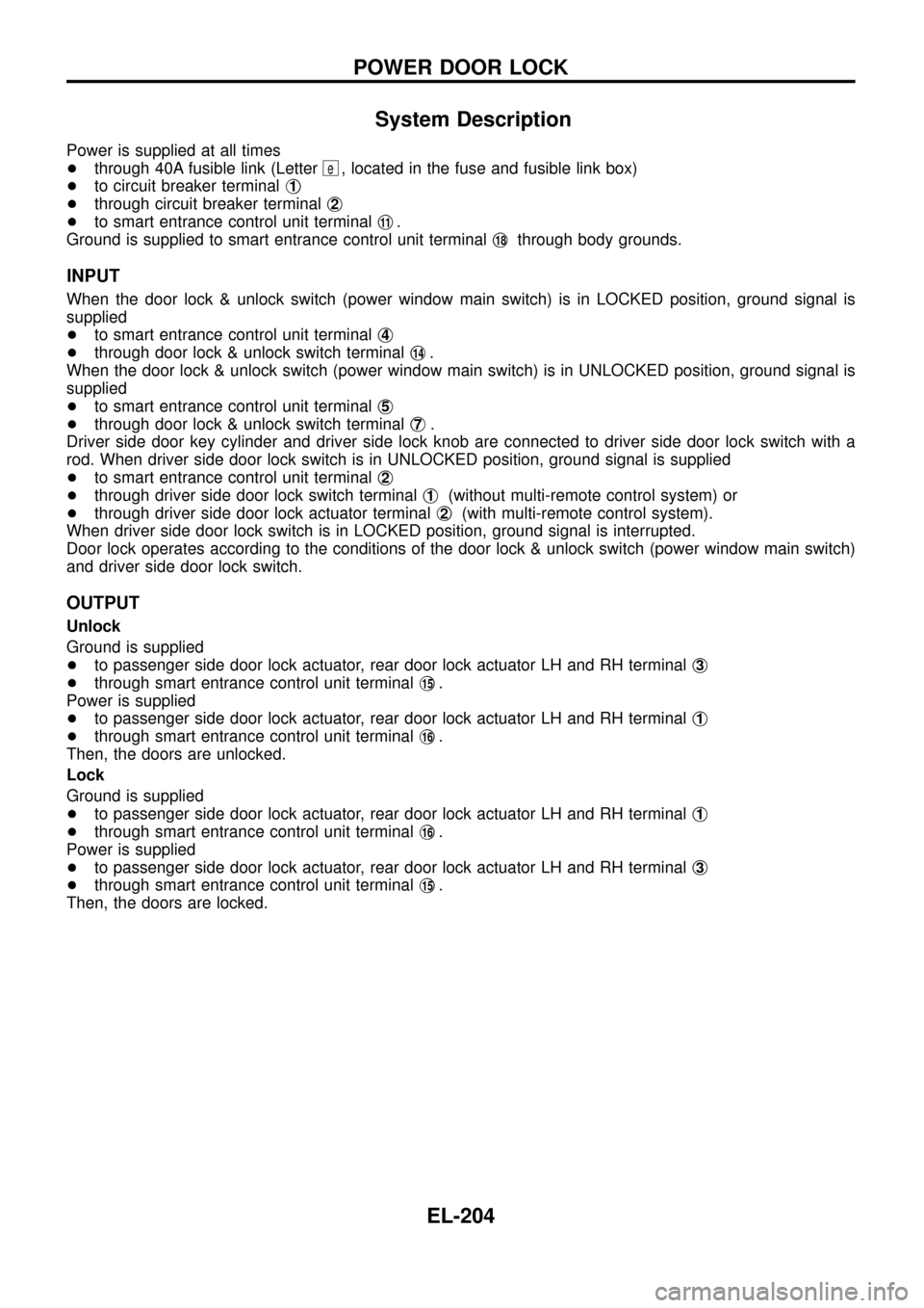 NISSAN PATROL 1998 Y61 / 5.G Electrical System Workshop Manual System Description
Power is supplied at all times
+through 40A fusible link (Letter
e, located in the fuse and fusible link box)
+to circuit breaker terminalj
1
+through circuit breaker terminalj2
+to