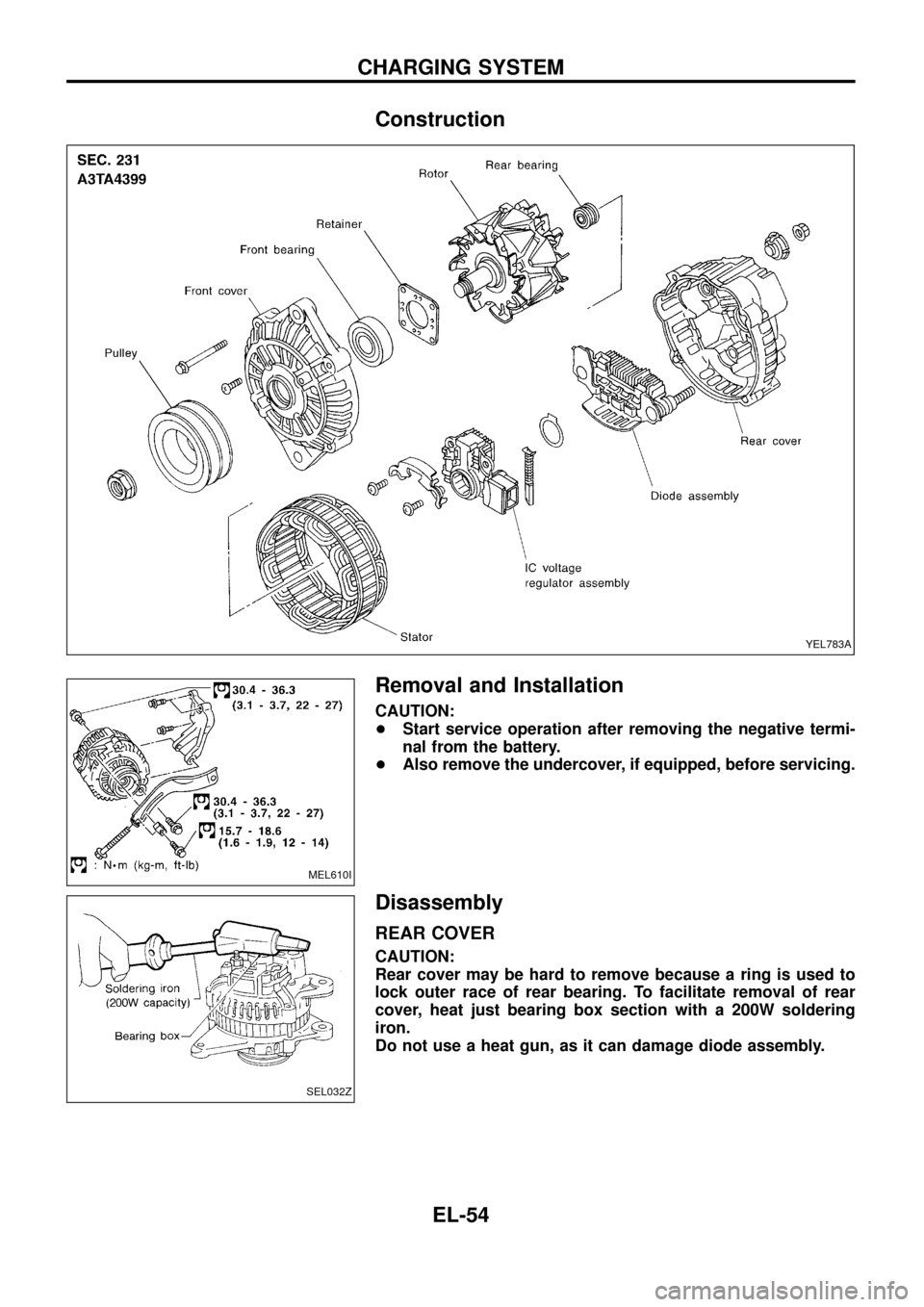 NISSAN PATROL 1998 Y61 / 5.G Electrical System Workshop Manual Construction
Removal and Installation
CAUTION:
+Start service operation after removing the negative termi-
nal from the battery.
+Also remove the undercover, if equipped, before servicing.
Disassembly