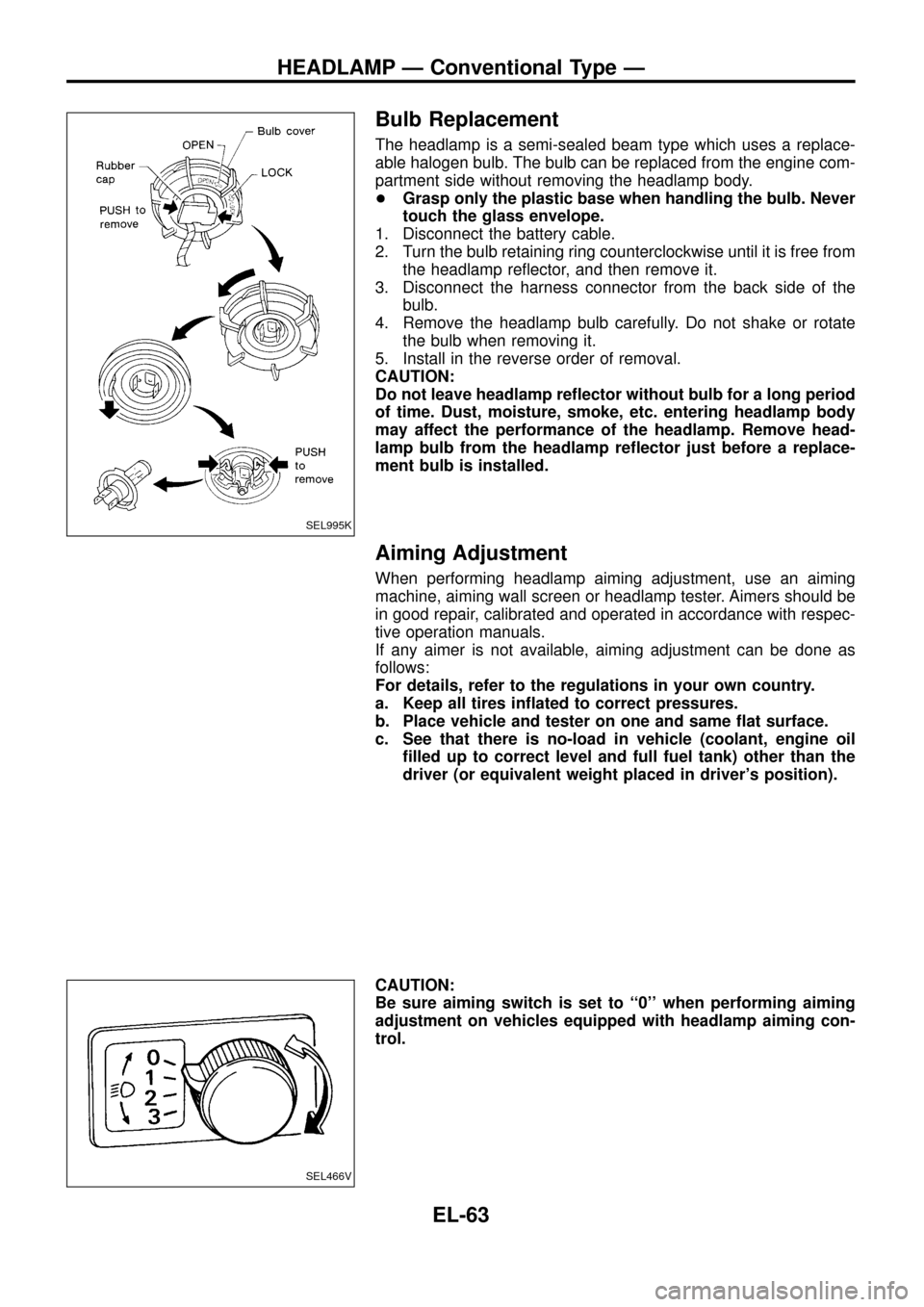 NISSAN PATROL 1998 Y61 / 5.G Electrical System Repair Manual Bulb Replacement
The headlamp is a semi-sealed beam type which uses a replace-
able halogen bulb. The bulb can be replaced from the engine com-
partment side without removing the headlamp body.
+Grasp