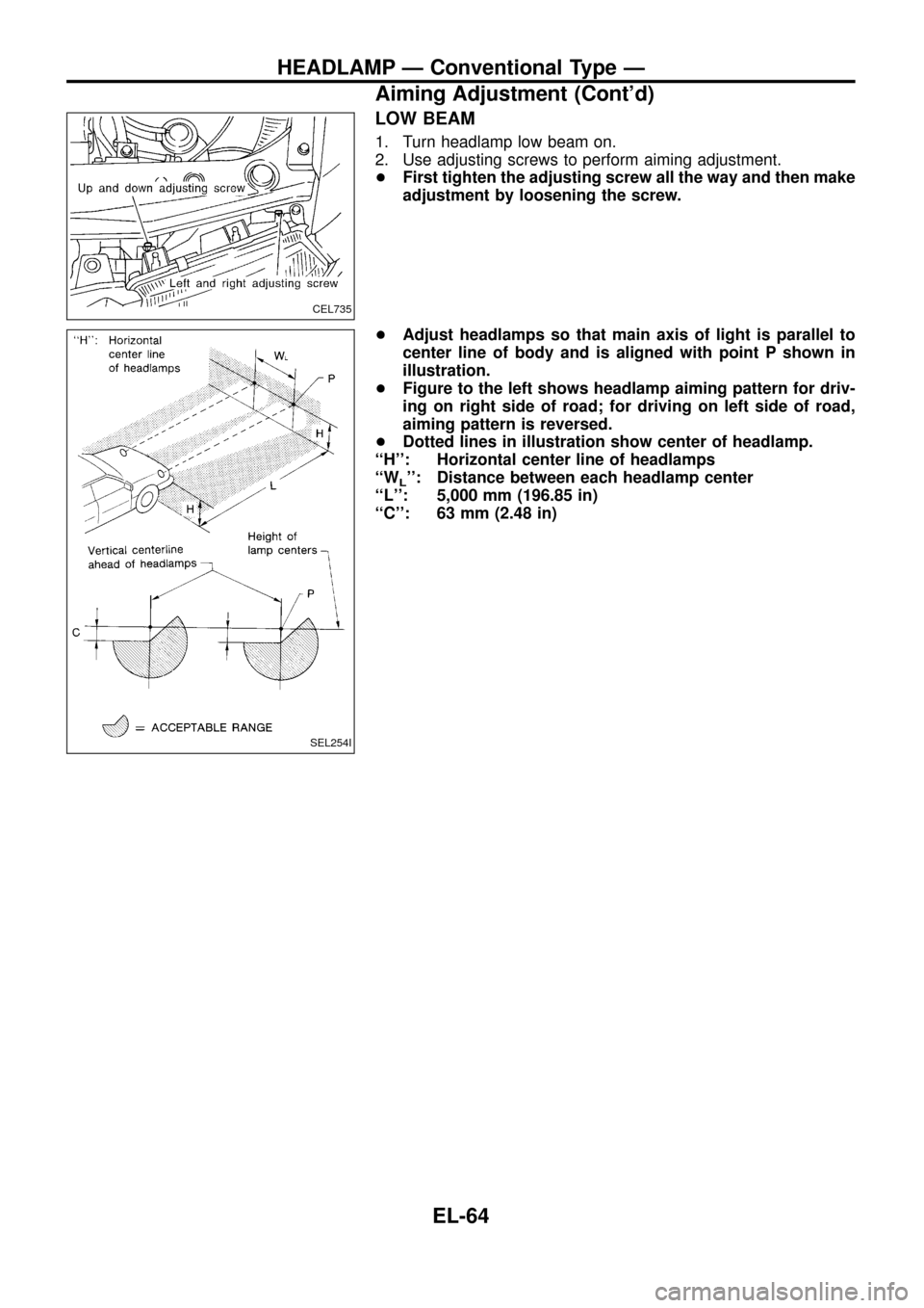 NISSAN PATROL 1998 Y61 / 5.G Electrical System Workshop Manual LOW BEAM
1. Turn headlamp low beam on.
2. Use adjusting screws to perform aiming adjustment.
+First tighten the adjusting screw all the way and then make
adjustment by loosening the screw.
+Adjust hea