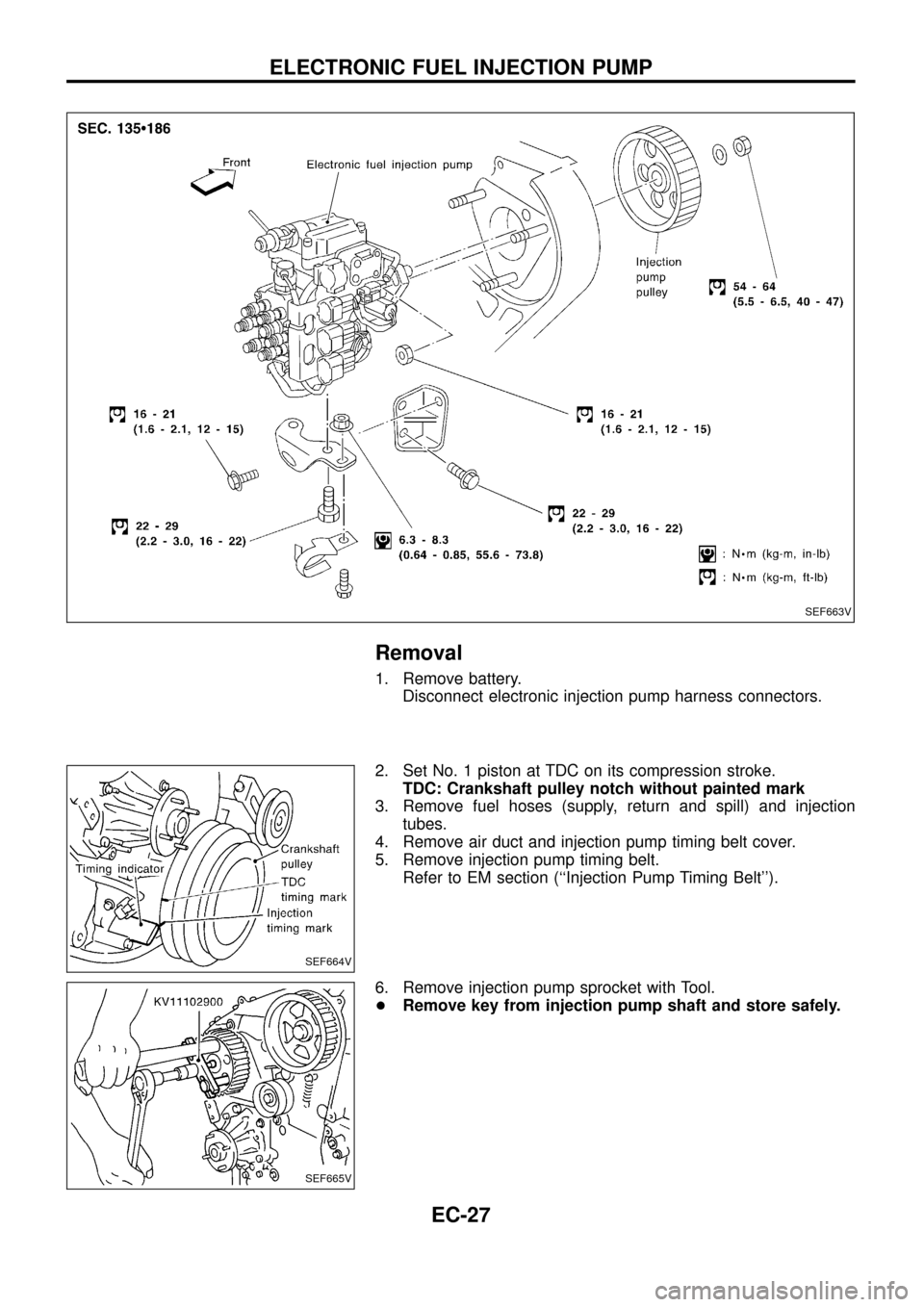 NISSAN PATROL 1998 Y61 / 5.G Engine Control Workshop Manual Removal
1. Remove battery.
Disconnect electronic injection pump harness connectors.
2. Set No. 1 piston at TDC on its compression stroke.
TDC: Crankshaft pulley notch without painted mark
3. Remove fu