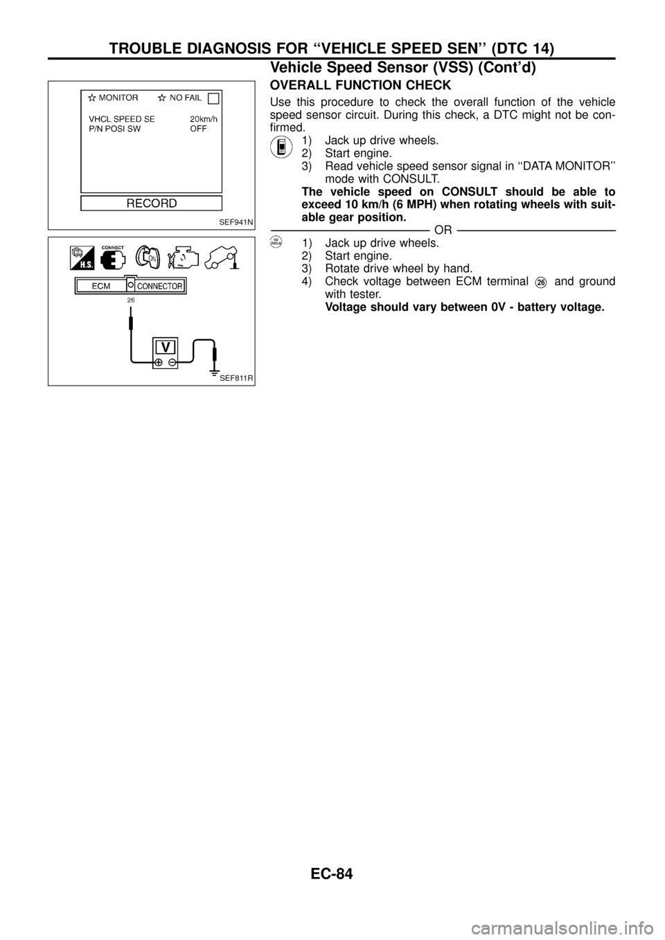 NISSAN PATROL 1998 Y61 / 5.G Engine Control Repair Manual OVERALL FUNCTION CHECK
Use this procedure to check the overall function of the vehicle
speed sensor circuit. During this check, a DTC might not be con-
®rmed.
1) Jack up drive wheels.
2) Start engine NISSAN PATROL 1998 Y61 / 5.G Engine Control Repair Manual OVERALL FUNCTION CHECK
Use this procedure to check the overall function of the vehicle
speed sensor circuit. During this check, a DTC might not be con-
®rmed.
1) Jack up drive wheels.
2) Start engine