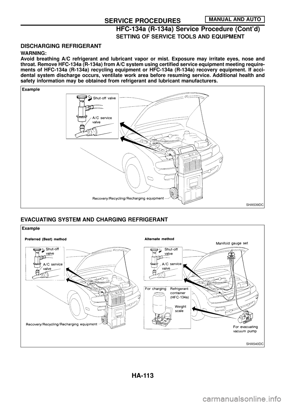 NISSAN PATROL 1998 Y61 / 5.G Heather And Air Conditioner Workshop Manual SETTING OF SERVICE TOOLS AND EQUIPMENT
DISCHARGING REFRIGERANT
WARNING:
Avoid breathing A/C refrigerant and lubricant vapor or mist. Exposure may irritate eyes, nose and
throat. Remove HFC-134a (R-134