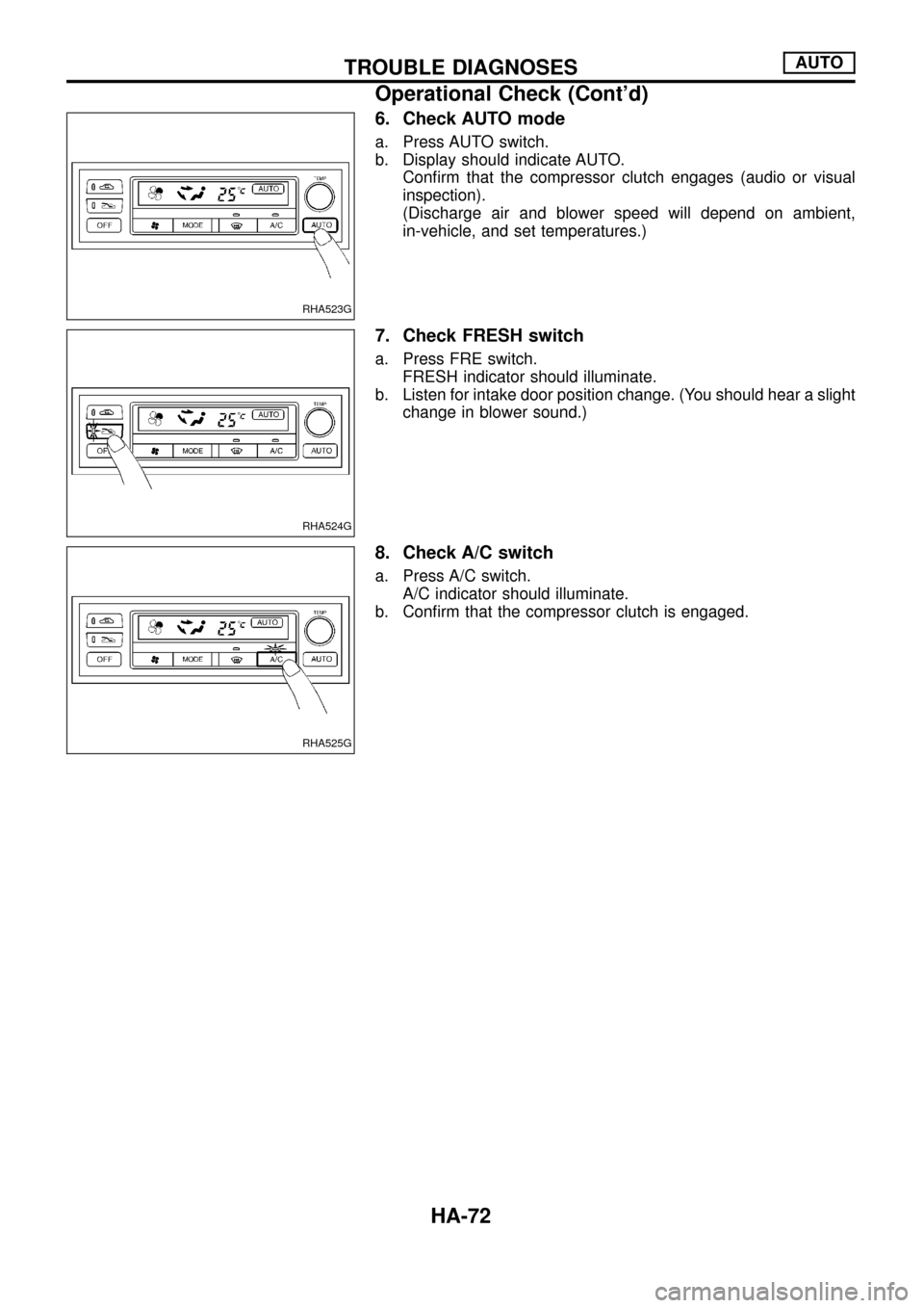 NISSAN PATROL 1998 Y61 / 5.G Heather And Air Conditioner Workshop Manual 6. Check AUTO mode
a. Press AUTO switch.
b. Display should indicate AUTO.
Con®rm that the compressor clutch engages (audio or visual
inspection).
(Discharge air and blower speed will depend on ambien