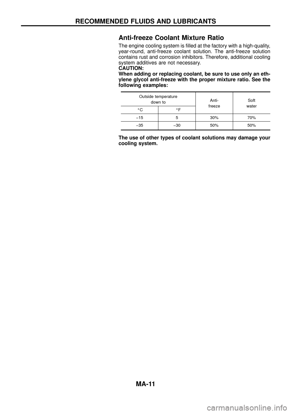 NISSAN PATROL 1998 Y61 / 5.G Maintenance User Guide Anti-freeze Coolant Mixture Ratio
The engine cooling system is ®lled at the factory with a high-quality,
year-round, anti-freeze coolant solution. The anti-freeze solution
contains rust and corrosion NISSAN PATROL 1998 Y61 / 5.G Maintenance User Guide Anti-freeze Coolant Mixture Ratio
The engine cooling system is ®lled at the factory with a high-quality,
year-round, anti-freeze coolant solution. The anti-freeze solution
contains rust and corrosion