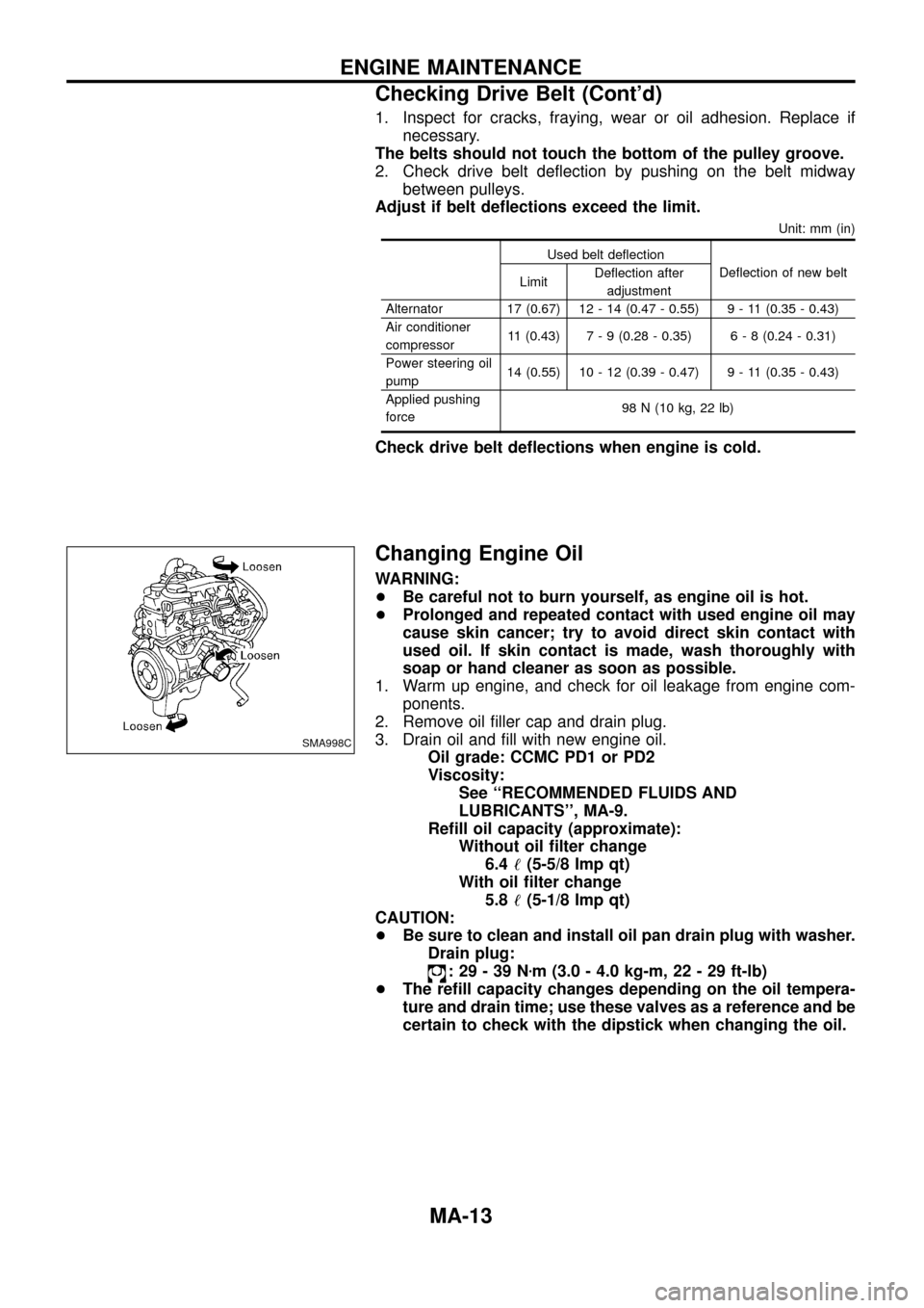 NISSAN PATROL 1998 Y61 / 5.G Maintenance User Guide 1. Inspect for cracks, fraying, wear or oil adhesion. Replace if
necessary.
The belts should not touch the bottom of the pulley groove.
2. Check drive belt de¯ection by pushing on the belt midway
bet NISSAN PATROL 1998 Y61 / 5.G Maintenance User Guide 1. Inspect for cracks, fraying, wear or oil adhesion. Replace if
necessary.
The belts should not touch the bottom of the pulley groove.
2. Check drive belt de¯ection by pushing on the belt midway
bet