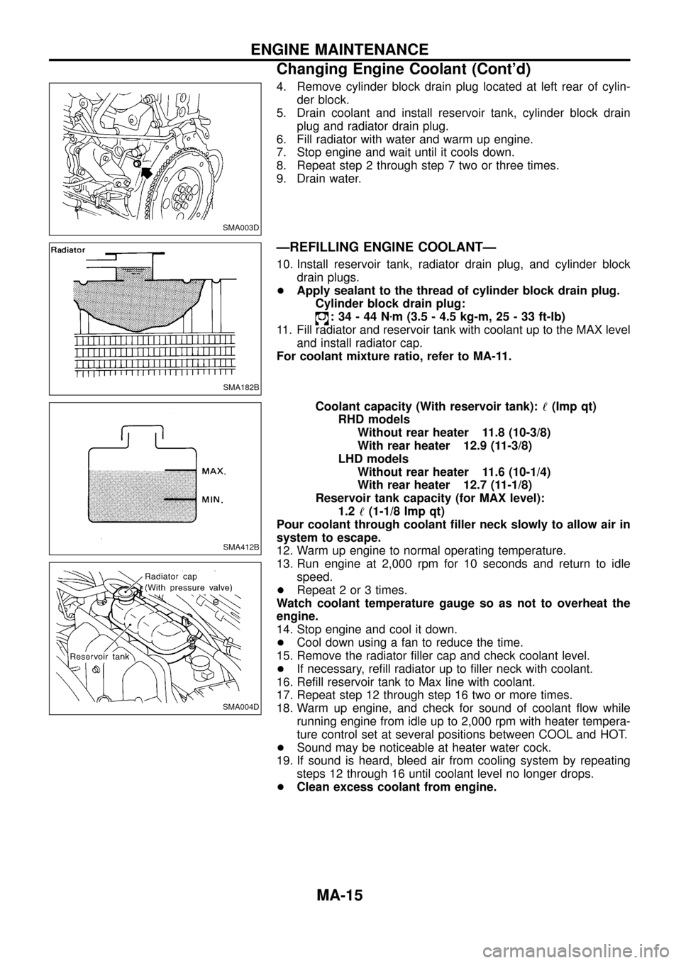 NISSAN PATROL 1998 Y61 / 5.G Maintenance User Guide 4. Remove cylinder block drain plug located at left rear of cylin-
der block.
5. Drain coolant and install reservoir tank, cylinder block drain
plug and radiator drain plug.
6. Fill radiator with wate