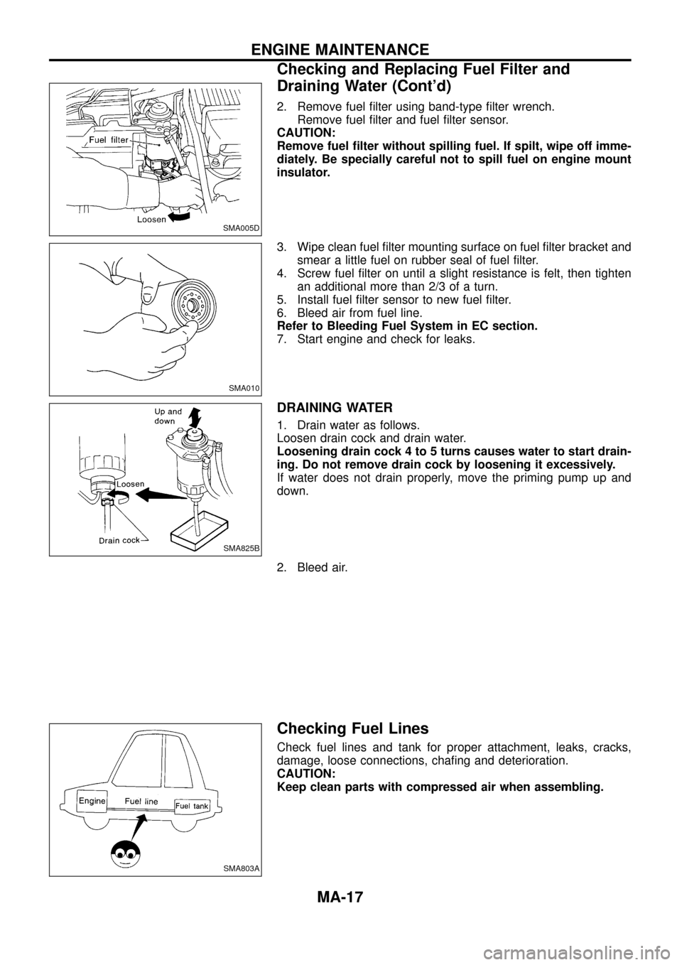 NISSAN PATROL 1998 Y61 / 5.G Maintenance User Guide 2. Remove fuel ®lter using band-type ®lter wrench.
Remove fuel ®lter and fuel ®lter sensor.
CAUTION:
Remove fuel ®lter without spilling fuel. If spilt, wipe off imme-
diately. Be specially carefu