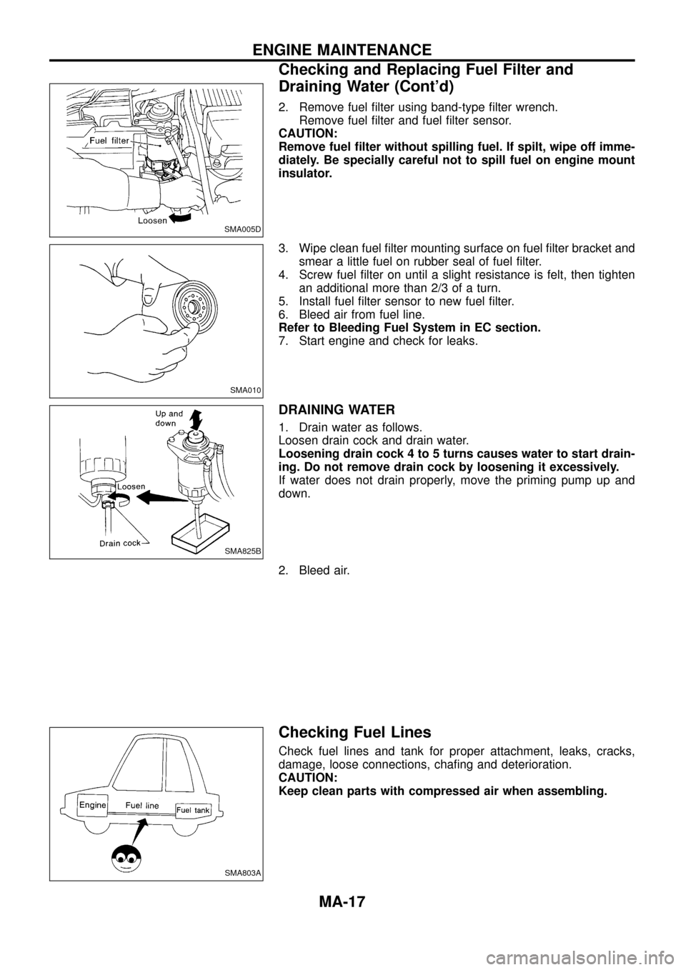 NISSAN PATROL 1998 Y61 / 5.G Maintenance User Guide 2. Remove fuel ®lter using band-type ®lter wrench.
Remove fuel ®lter and fuel ®lter sensor.
CAUTION:
Remove fuel ®lter without spilling fuel. If spilt, wipe off imme-
diately. Be specially carefu NISSAN PATROL 1998 Y61 / 5.G Maintenance User Guide 2. Remove fuel ®lter using band-type ®lter wrench.
Remove fuel ®lter and fuel ®lter sensor.
CAUTION:
Remove fuel ®lter without spilling fuel. If spilt, wipe off imme-
diately. Be specially carefu