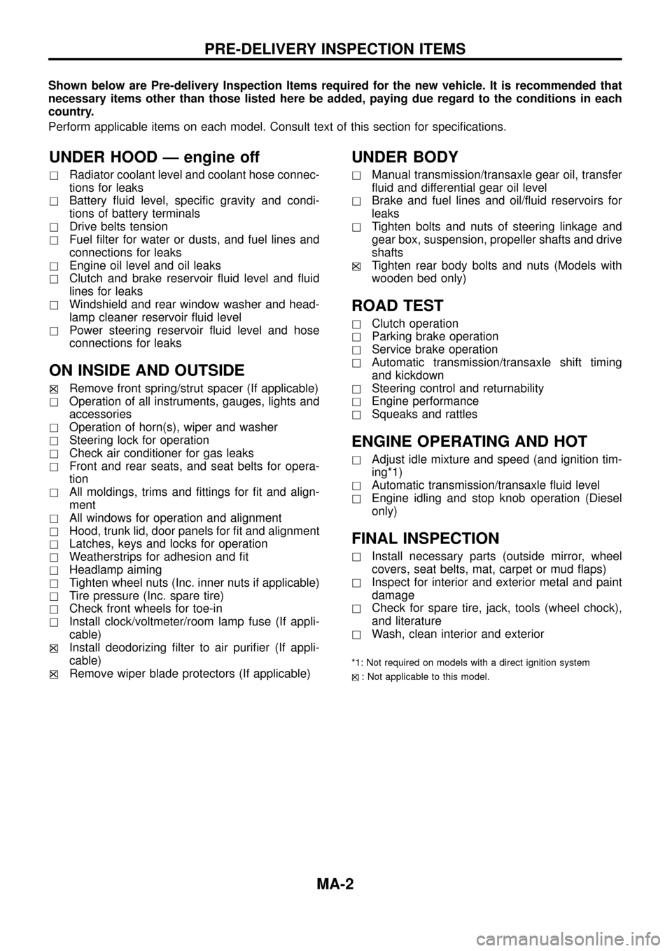 NISSAN PATROL 1998 Y61 / 5.G Maintenance Workshop Manual Shown below are Pre-delivery Inspection Items required for the new vehicle. It is recommended that
necessary items other than those listed here be added, paying due regard to the conditions in each
co NISSAN PATROL 1998 Y61 / 5.G Maintenance Workshop Manual Shown below are Pre-delivery Inspection Items required for the new vehicle. It is recommended that
necessary items other than those listed here be added, paying due regard to the conditions in each
co