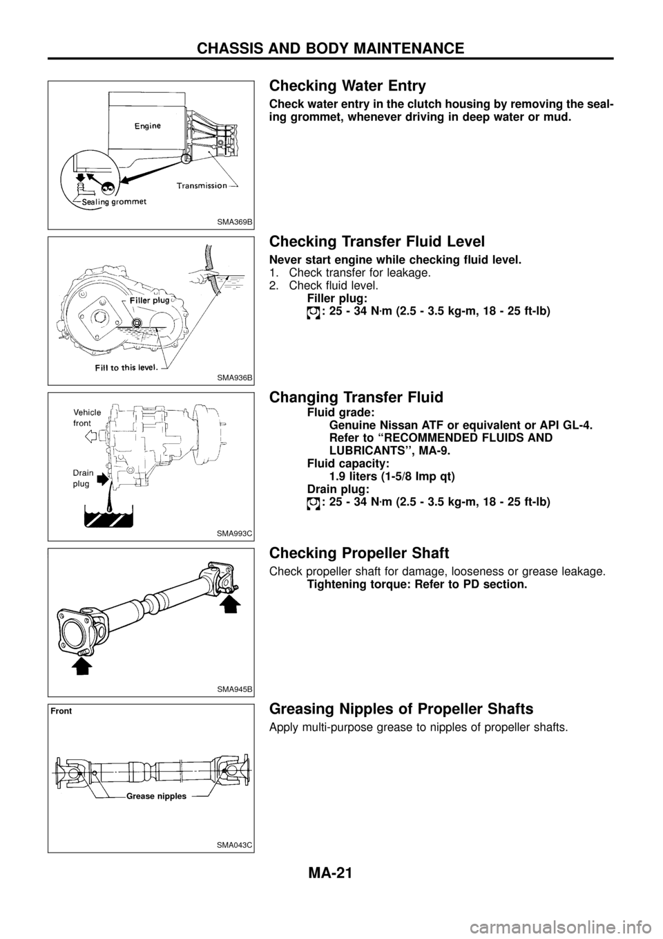 NISSAN PATROL 1998 Y61 / 5.G Maintenance User Guide Checking Water Entry
Check water entry in the clutch housing by removing the seal-
ing grommet, whenever driving in deep water or mud.
Checking Transfer Fluid Level
Never start engine while checking �