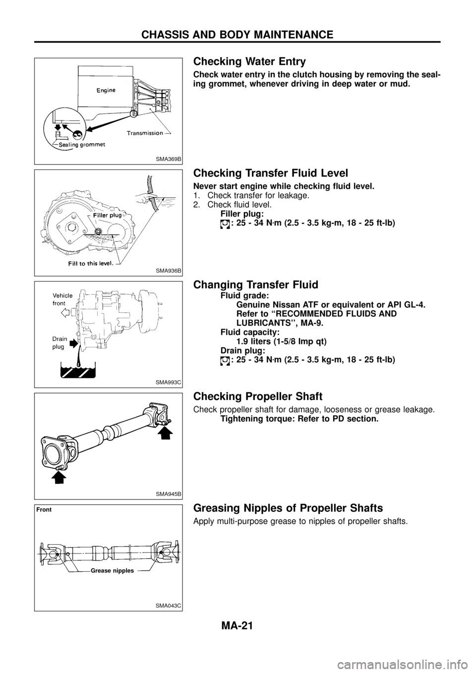 NISSAN PATROL 1998 Y61 / 5.G Maintenance Owners Manual Checking Water Entry
Check water entry in the clutch housing by removing the seal-
ing grommet, whenever driving in deep water or mud.
Checking Transfer Fluid Level
Never start engine while checking  NISSAN PATROL 1998 Y61 / 5.G Maintenance Owners Manual Checking Water Entry
Check water entry in the clutch housing by removing the seal-
ing grommet, whenever driving in deep water or mud.
Checking Transfer Fluid Level
Never start engine while checking Â