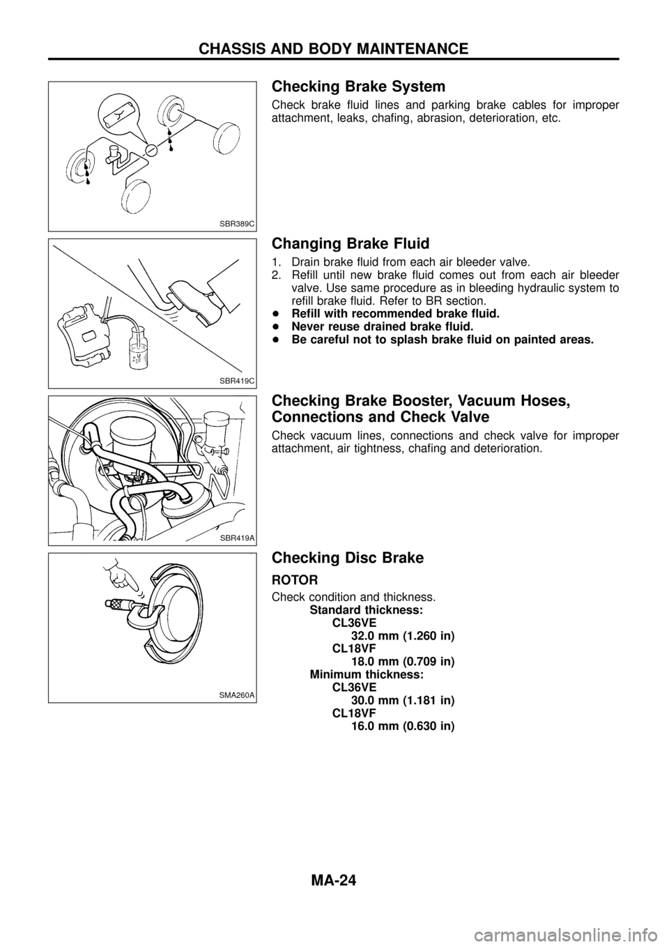 NISSAN PATROL 1998 Y61 / 5.G Maintenance Owners Manual Checking Brake System
Check brake ¯uid lines and parking brake cables for improper
attachment, leaks, cha®ng, abrasion, deterioration, etc.
Changing Brake Fluid
1. Drain brake ¯uid from each air bl