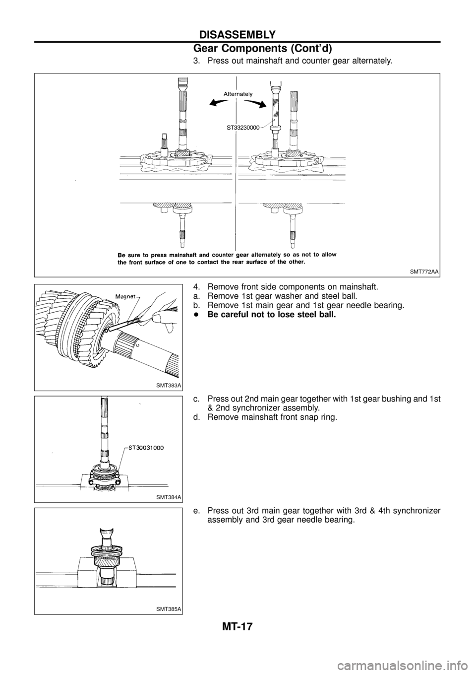 NISSAN PATROL 1998 Y61 / 5.G Manual Transmission User Guide 3. Press out mainshaft and counter gear alternately.
4. Remove front side components on mainshaft.
a. Remove 1st gear washer and steel ball.
b. Remove 1st main gear and 1st gear needle bearing.
+Be ca