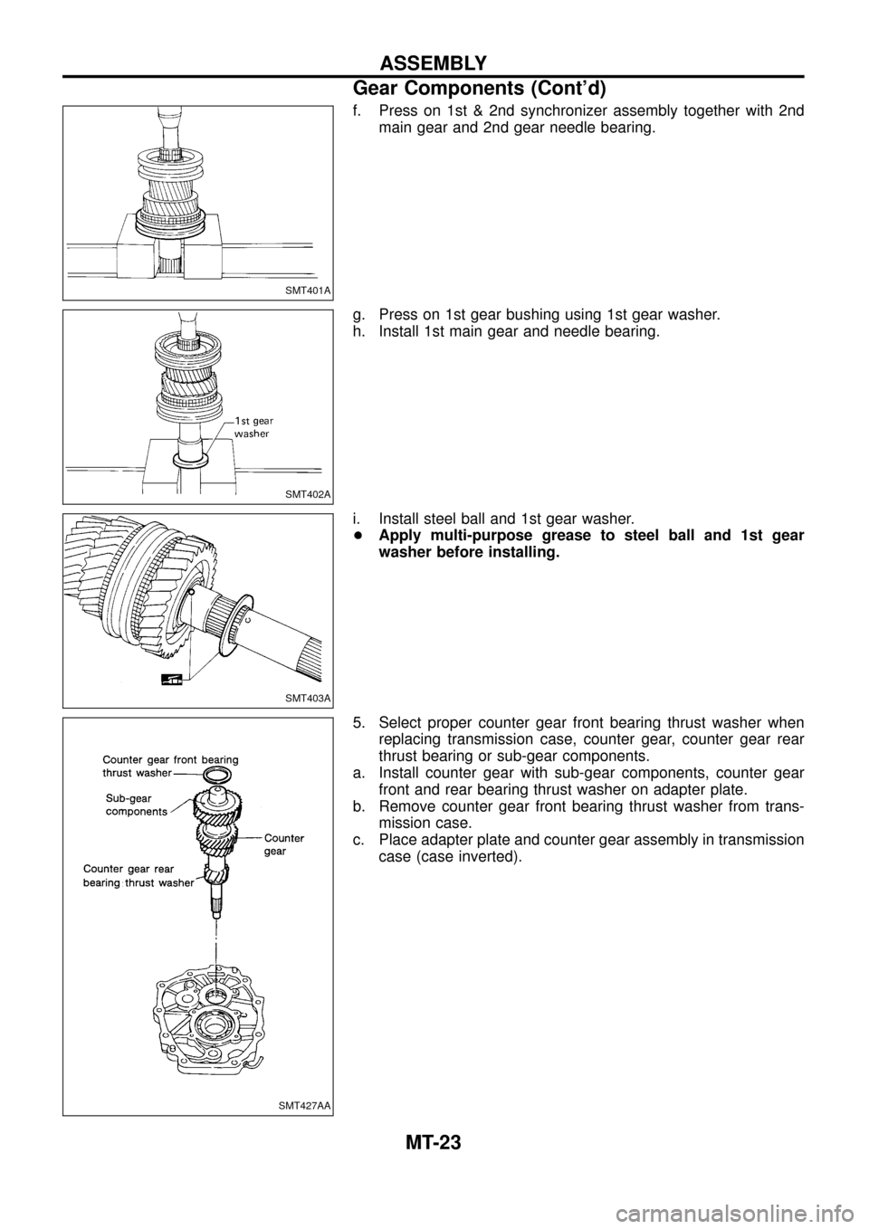 NISSAN PATROL 1998 Y61 / 5.G Manual Transmission Owners Manual f. Press on 1st & 2nd synchronizer assembly together with 2nd
main gear and 2nd gear needle bearing.
g. Press on 1st gear bushing using 1st gear washer.
h. Install 1st main gear and needle bearing.
i.
