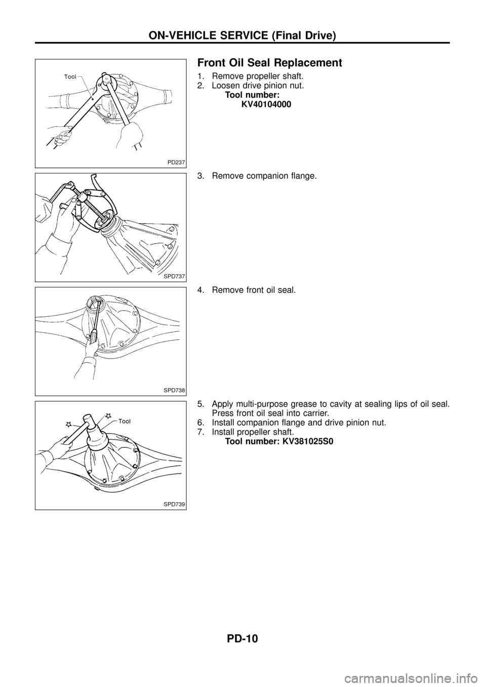 NISSAN PATROL 1998 Y61 / 5.G Propeller Shaft And Differential Carrier User Guide Front Oil Seal Replacement
1. Remove propeller shaft.
2. Loosen drive pinion nut.
Tool number:
KV40104000
3. Remove companion ¯ange.
4. Remove front oil seal.
5. Apply multi-purpose grease to cavity 