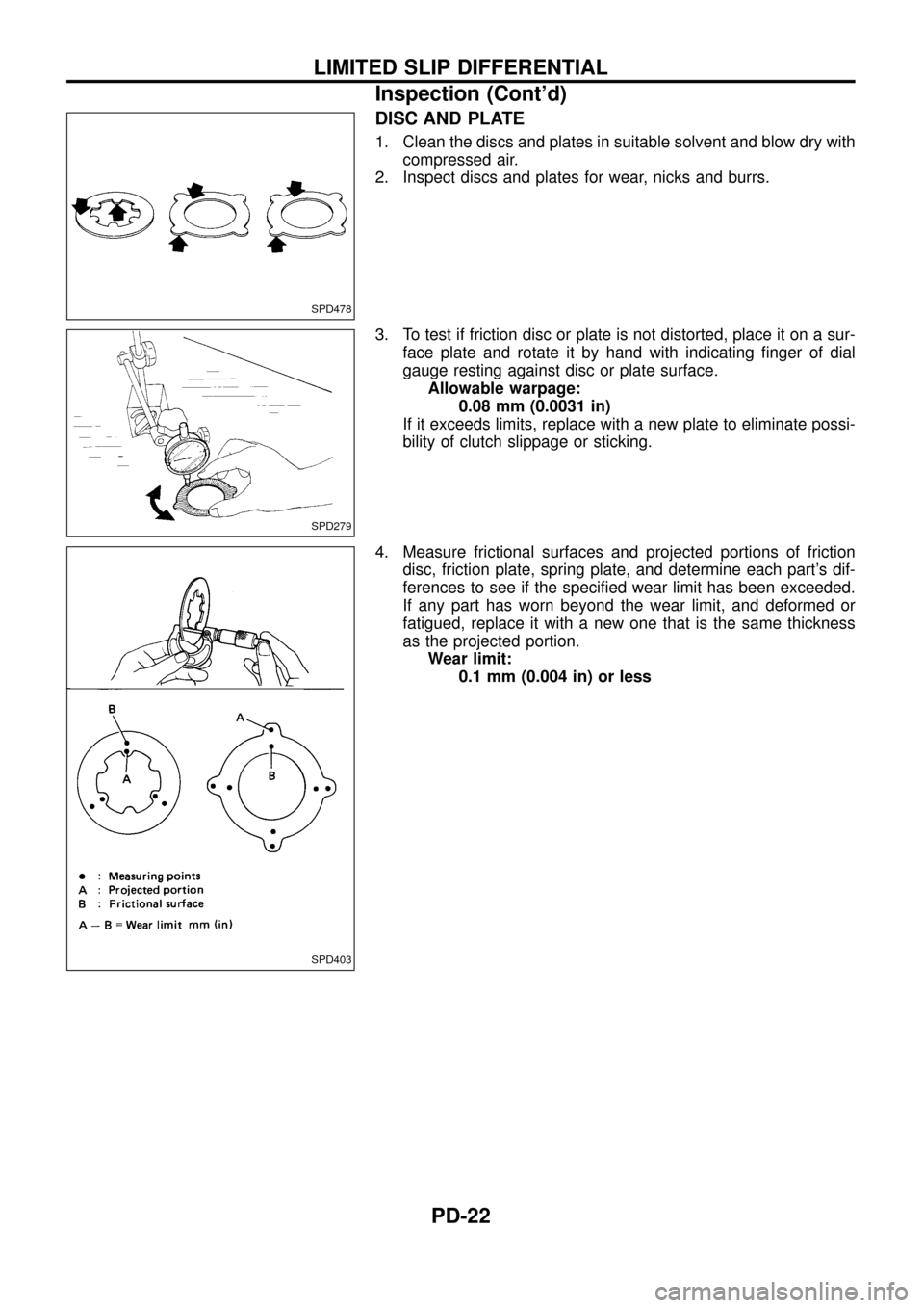 NISSAN PATROL 1998 Y61 / 5.G Propeller Shaft And Differential Carrier Owners Manual DISC AND PLATE
1. Clean the discs and plates in suitable solvent and blow dry with
compressed air.
2. Inspect discs and plates for wear, nicks and burrs.
3. To test if friction disc or plate is not di