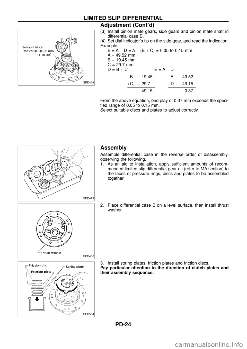 NISSAN PATROL 1998 Y61 / 5.G Propeller Shaft And Differential Carrier Owners Manual (3) Install pinion mate gears, side gears and pinion mate shaft in
differential case B.
(4) Set dial indicators tip on the side gear, and read the indication.
Example:
E = A þ D = A þ (B + C) = 0.0