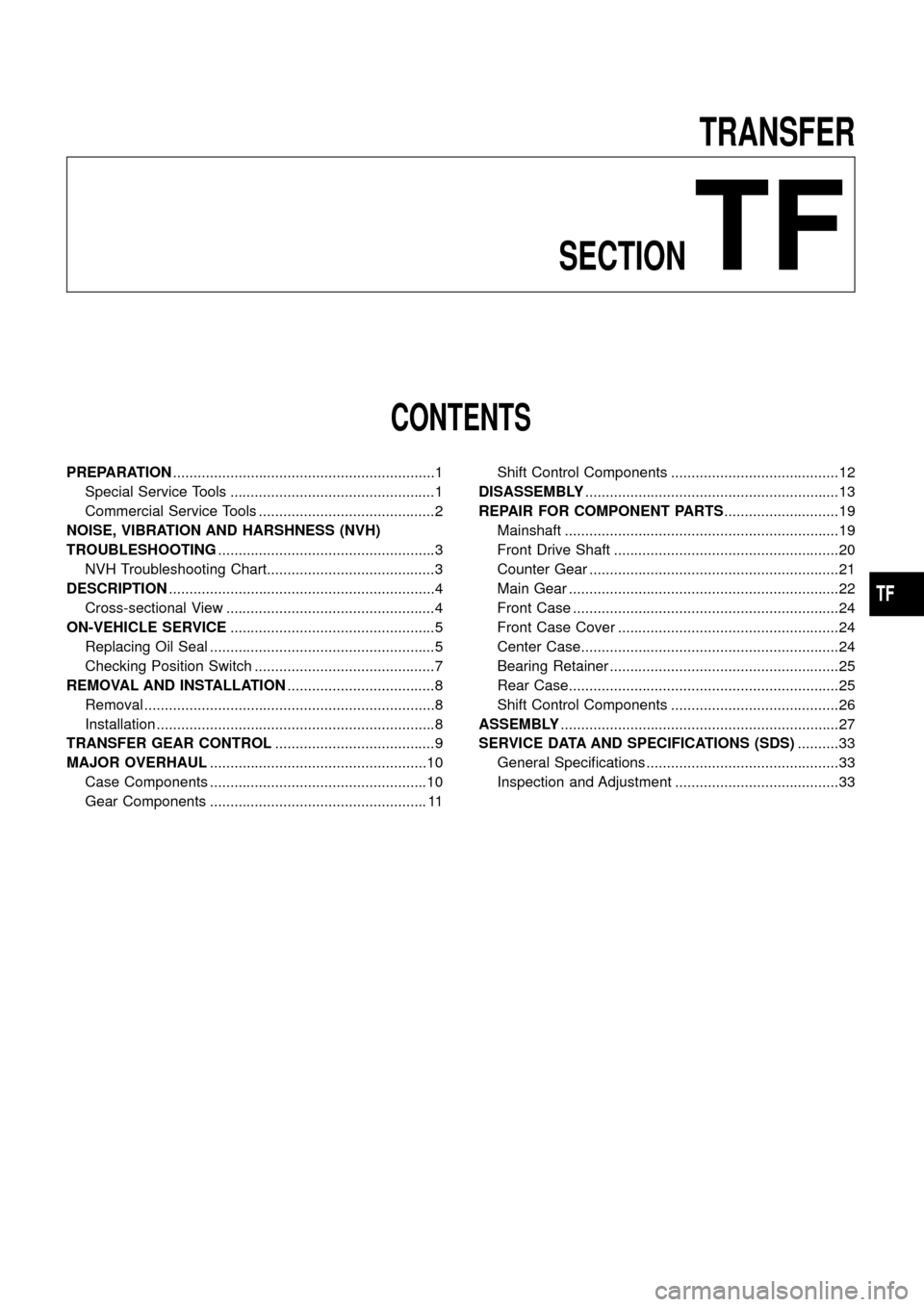 NISSAN PATROL 1998 Y61 / 5.G Transfer Workshop Manual TRANSFER
SECTION
TF
CONTENTS
PREPARATION................................................................1
Special Service Tools ..................................................1
Commercial Service T
