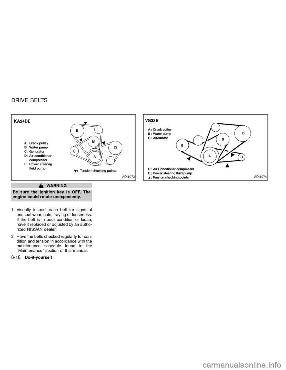 NISSAN FRONTIER 1999 D22 / 1.G Owners Manual WARNING
Be sure the ignition key is OFF. The
engine could rotate unexpectedly.
1. Visually inspect each belt for signs of
unusual wear, cuts, fraying or looseness.
If the belt is in poor condition or 