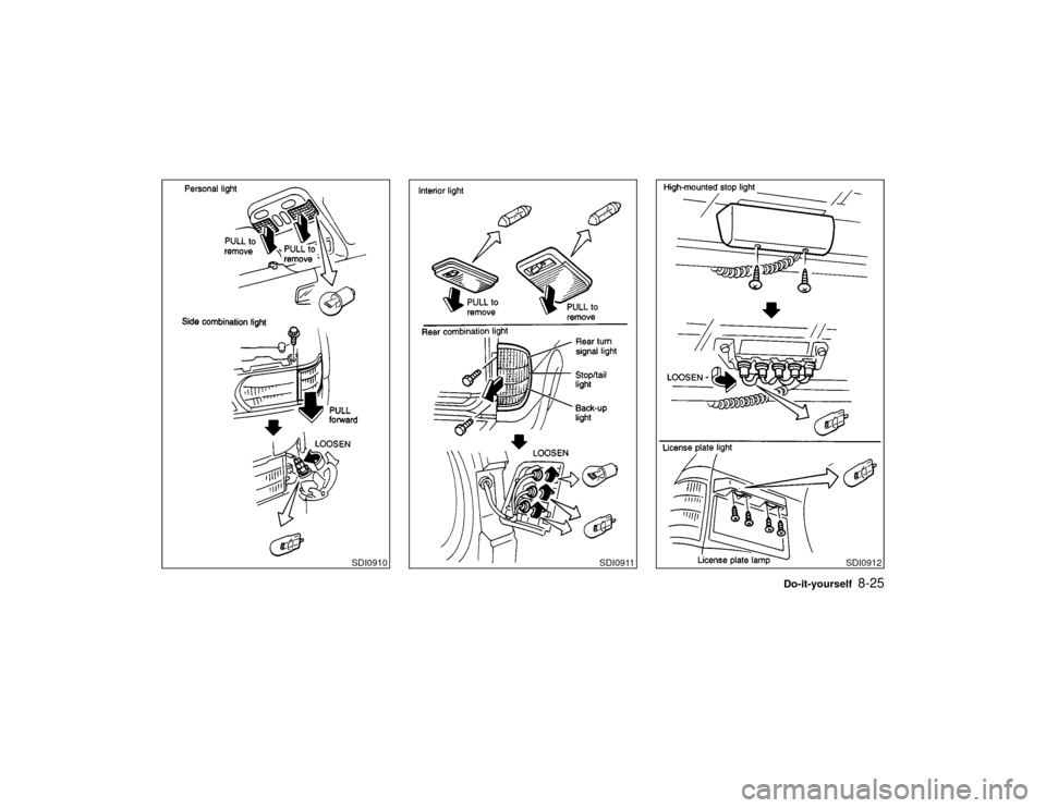 NISSAN PATHFINDER 1999 R50 / 2.G Owners Manual SDI0910
SDI0911
SDI0912
Do-it-yourself
8-25
Z
01.1.22/R50-D/V5
X NISSAN PATHFINDER 1999 R50 / 2.G Owners Manual SDI0910
SDI0911
SDI0912
Do-it-yourself
8-25
Z
01.1.22/R50-D/V5
X