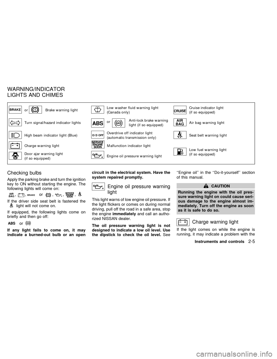 NISSAN SENTRA 1999 B14 / 4.G Service Manual orBrake warning lightLow washer fluid warning light
(Canada only)Cruise indicator light
(if so equipped)
Turn signal/hazard indicator lightsorAnti-lock brake warning
light (if so equipped)Air bag warn